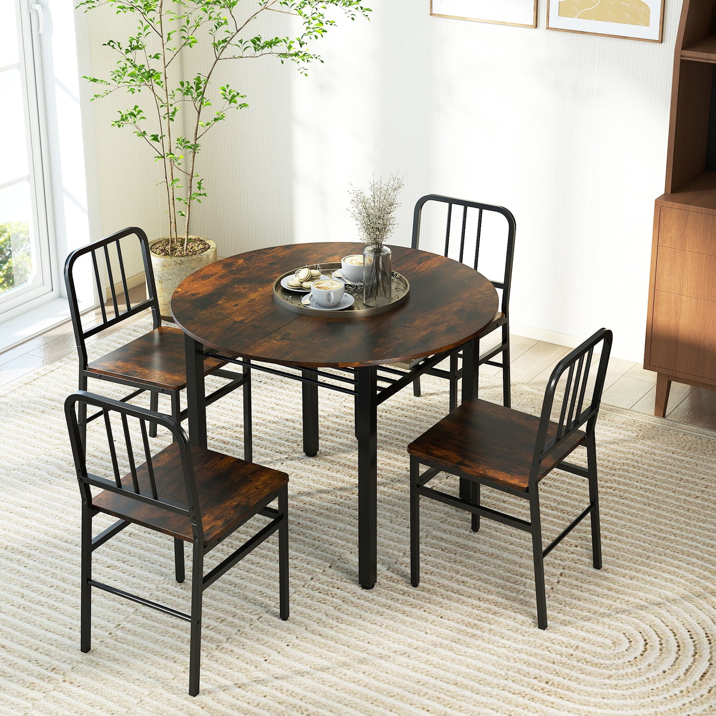 5-Piece Round Dining Table Set With Storage Shelf, Brown Dining Room Sets at Gallery Canada