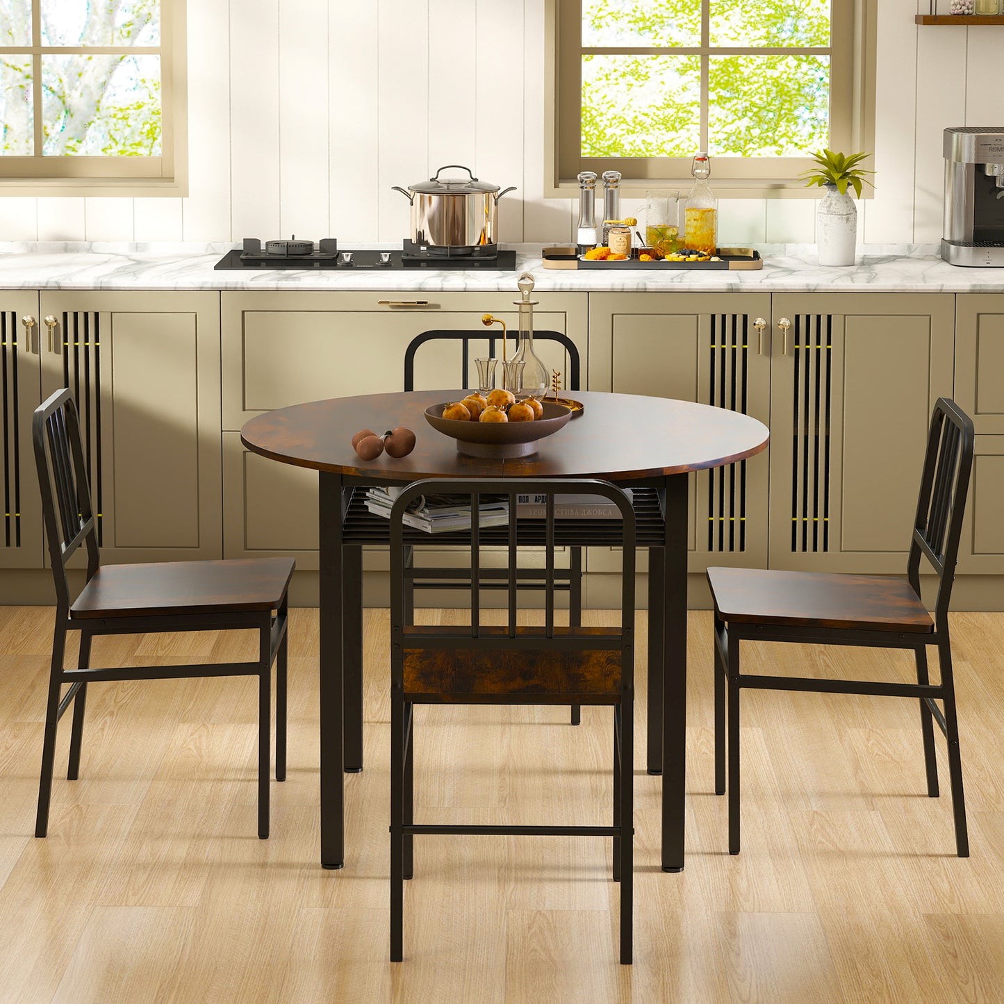 5-Piece Round Dining Table Set With Storage Shelf, Brown Dining Room Sets at Gallery Canada