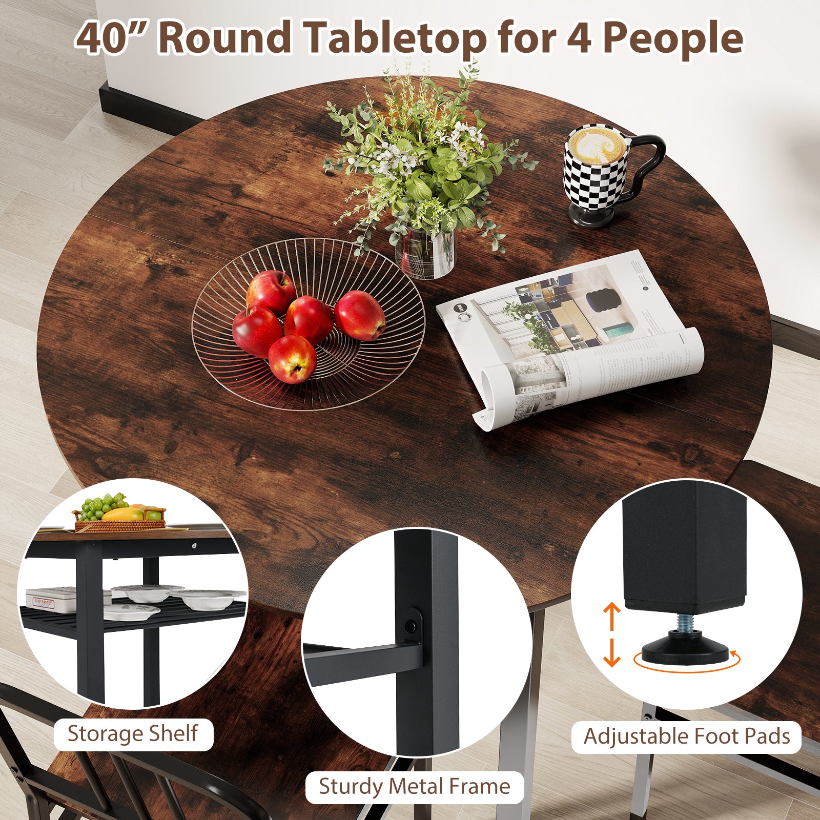 5-Piece Round Dining Table Set With Storage Shelf, Brown Dining Room Sets at Gallery Canada