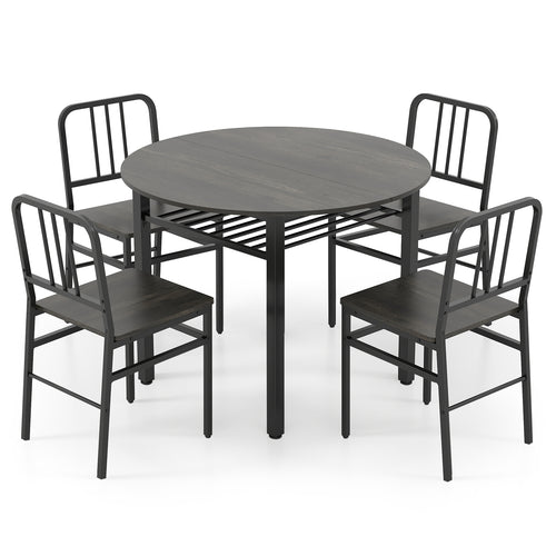 5-Piece Round Dining Table Set, Storage Shelf, Gray
