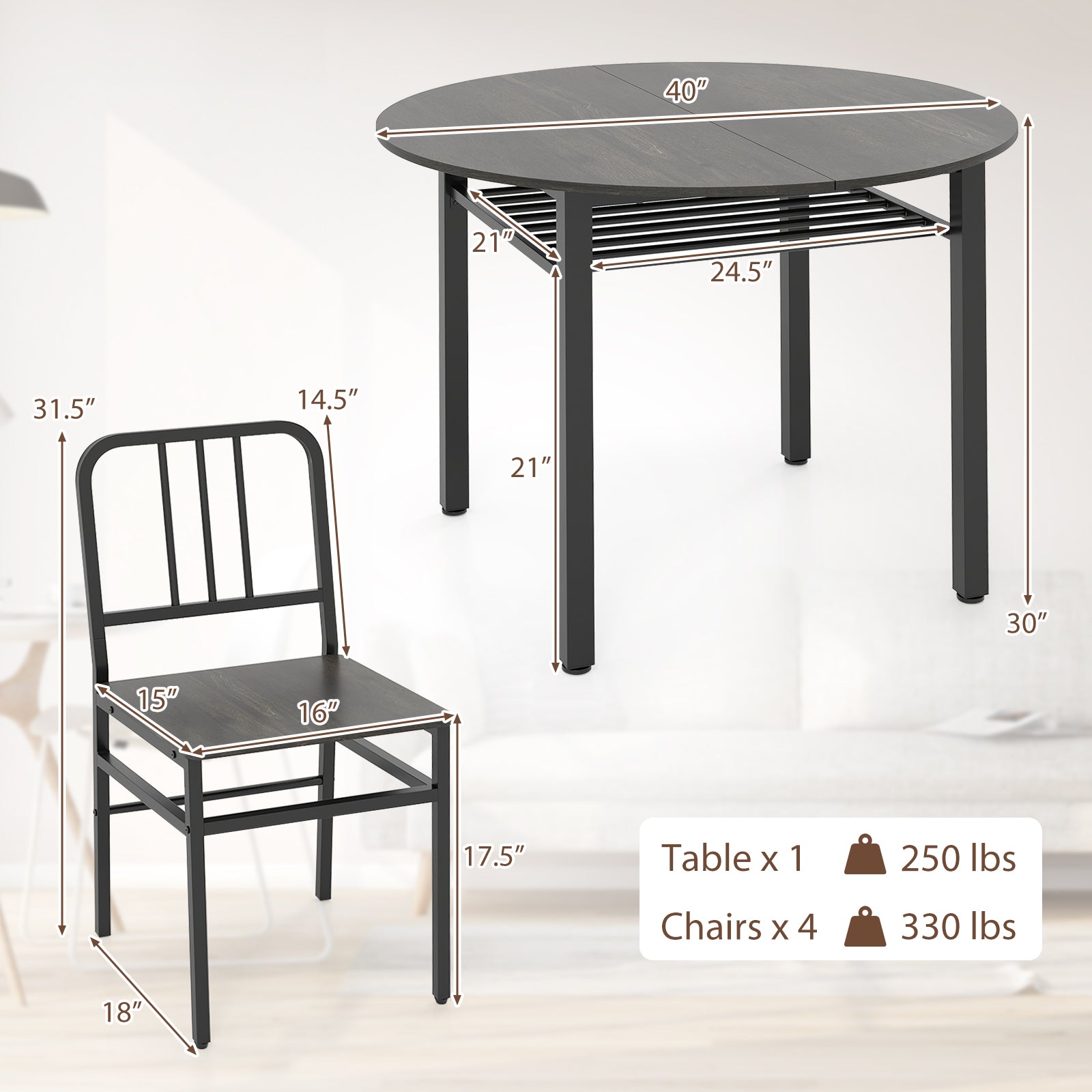 5-Piece Round Dining Table Set, Storage Shelf, Gray Dining Room Sets at Gallery Canada