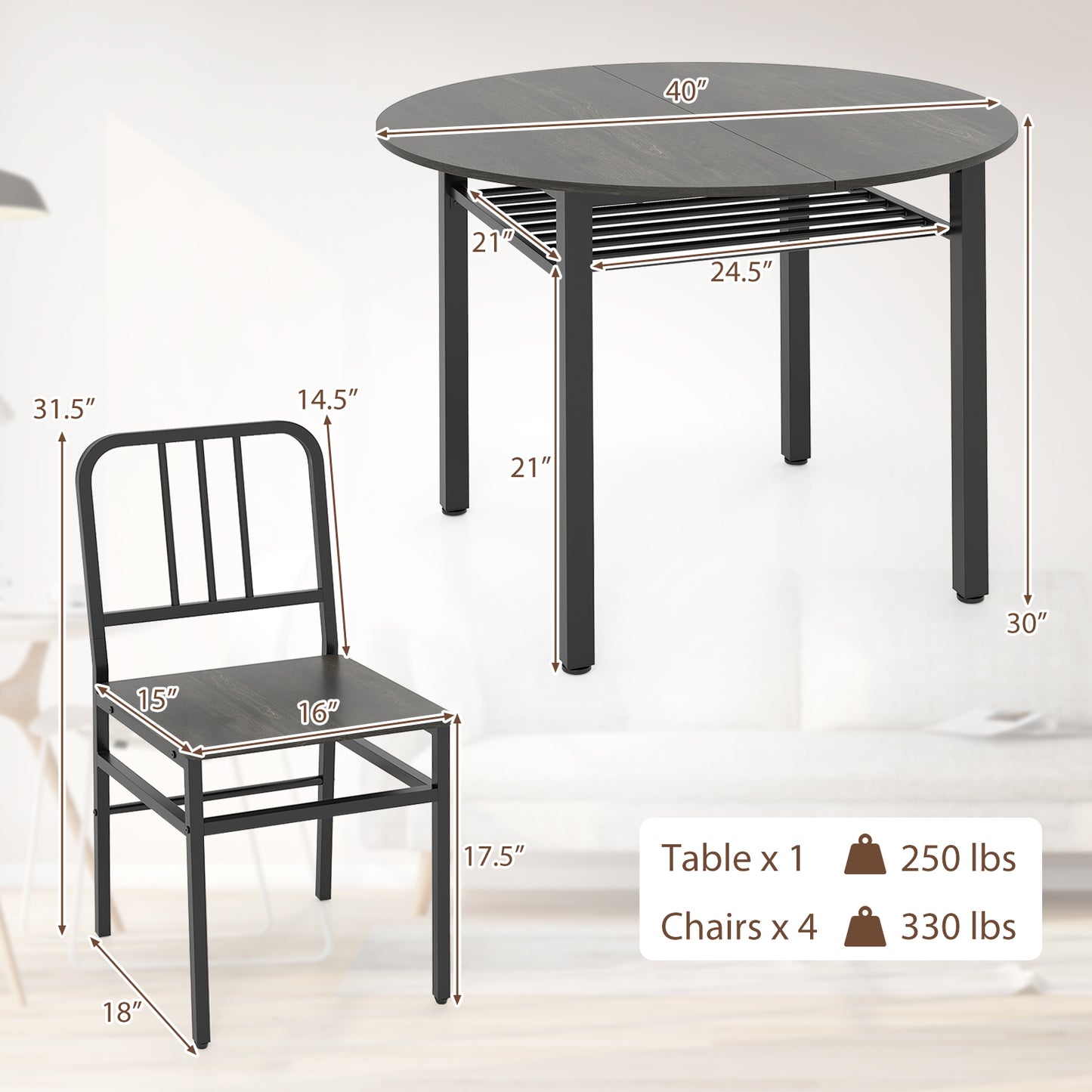5-Piece Round Dining Table Set, Storage Shelf, Gray Dining Room Sets at Gallery Canada