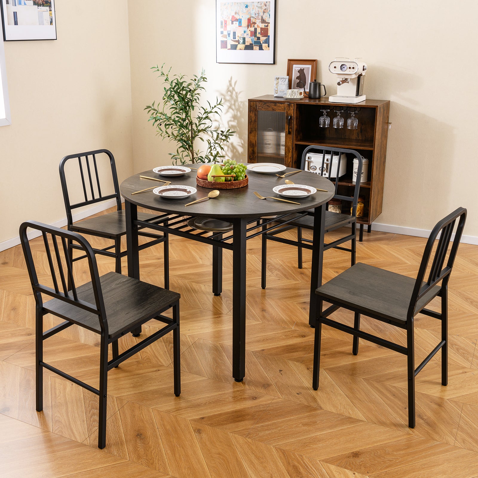 5-Piece Round Dining Table Set, Storage Shelf, Gray Dining Room Sets at Gallery Canada