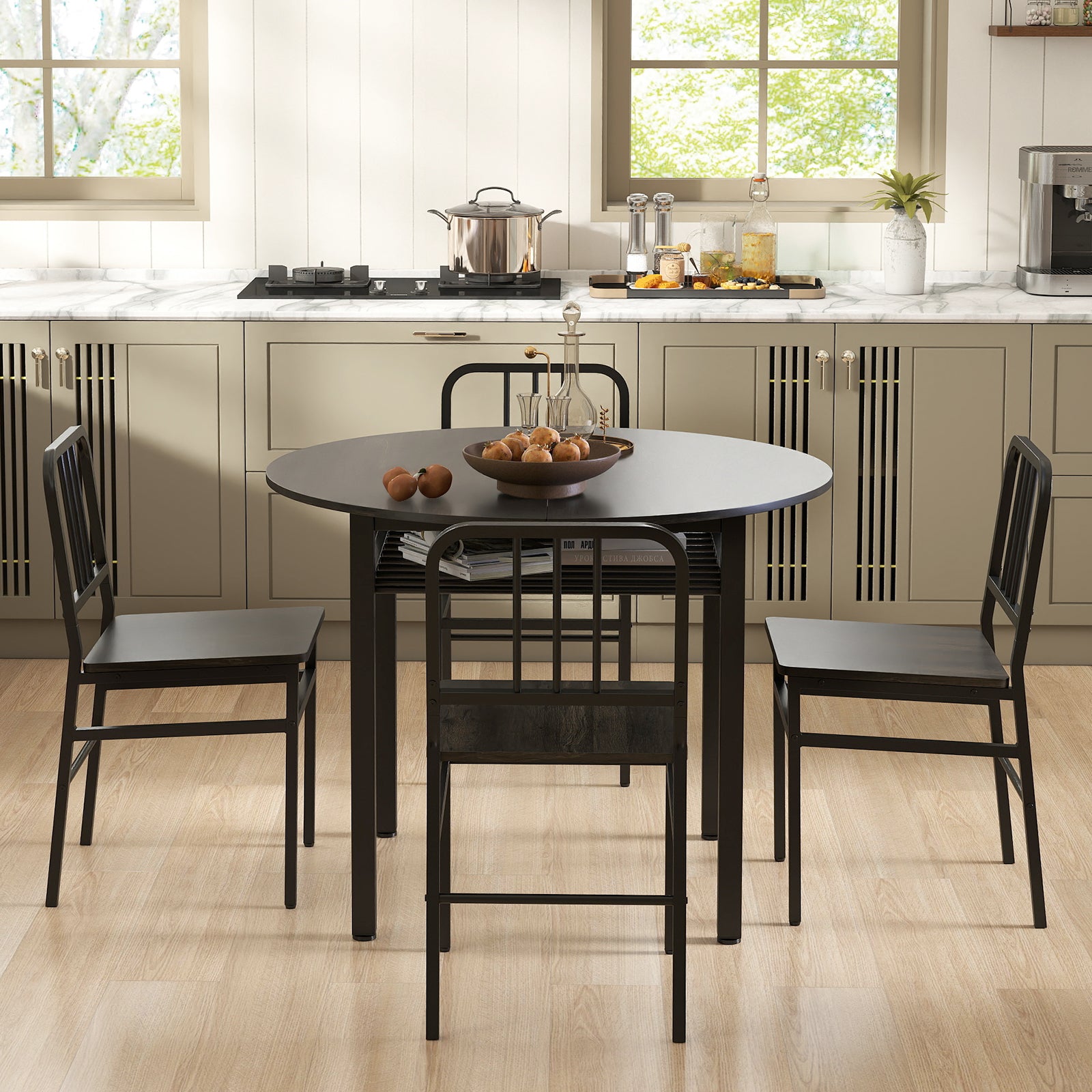 5-Piece Round Dining Table Set, Storage Shelf, Gray Dining Room Sets at Gallery Canada