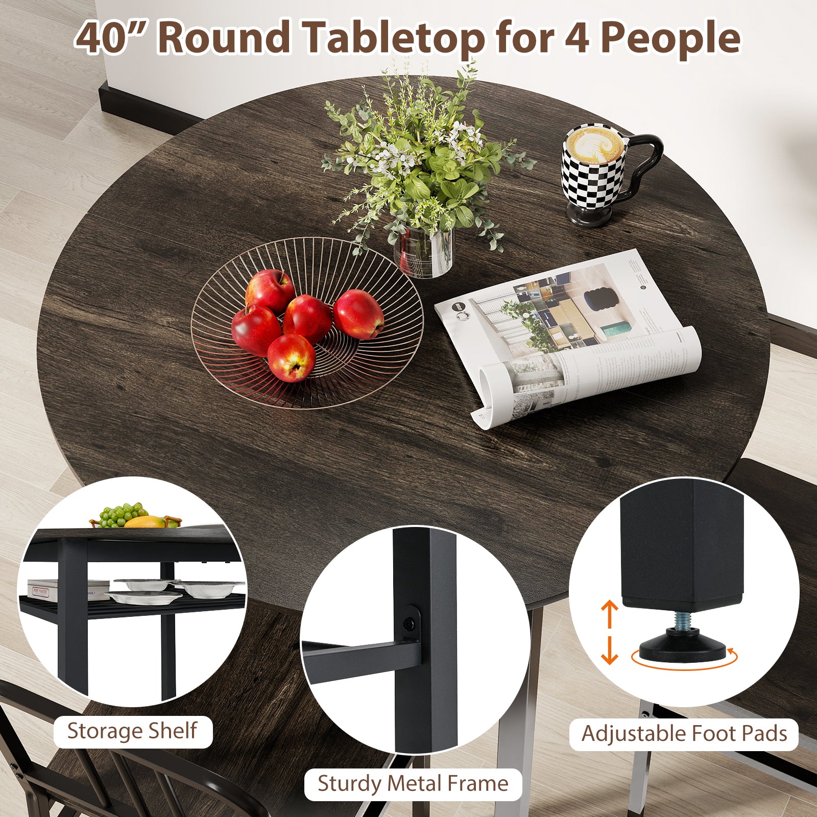 5-Piece Round Dining Table Set, Storage Shelf, Gray Dining Room Sets at Gallery Canada