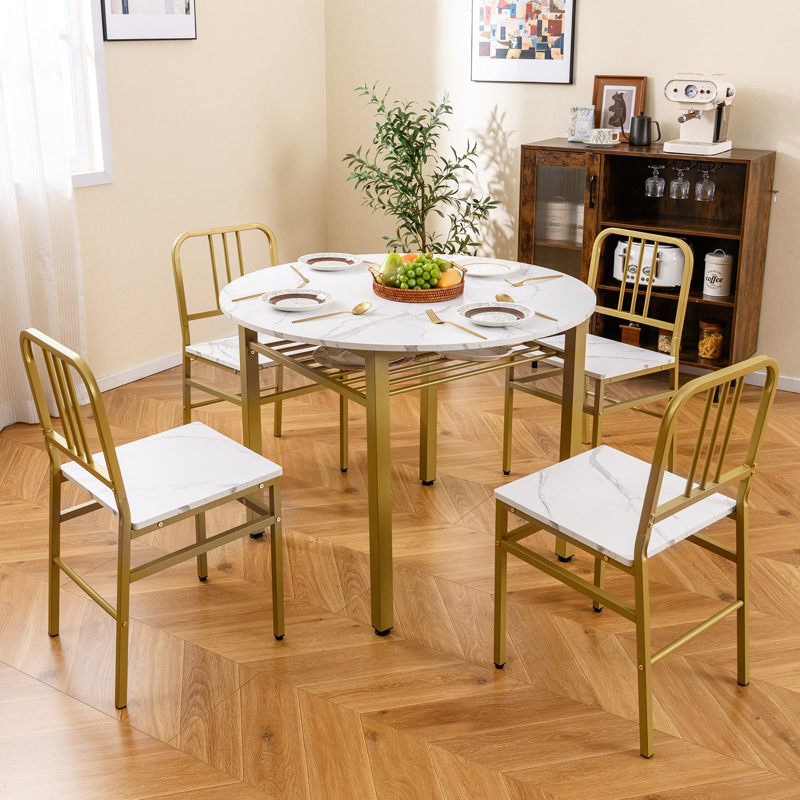 5-Piece Round Dining Table Set, With Storage Shelf, White Dining Room Sets at Gallery Canada