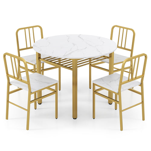 5-Piece Round Dining Table Set, With Storage Shelf, White