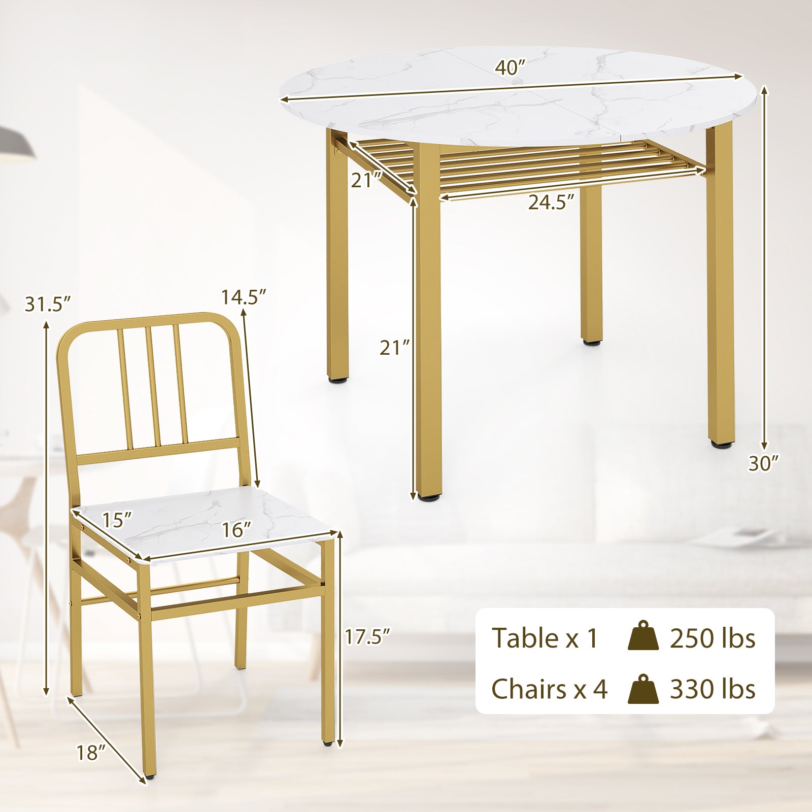 5-Piece Round Dining Table Set, With Storage Shelf, White Dining Room Sets at Gallery Canada