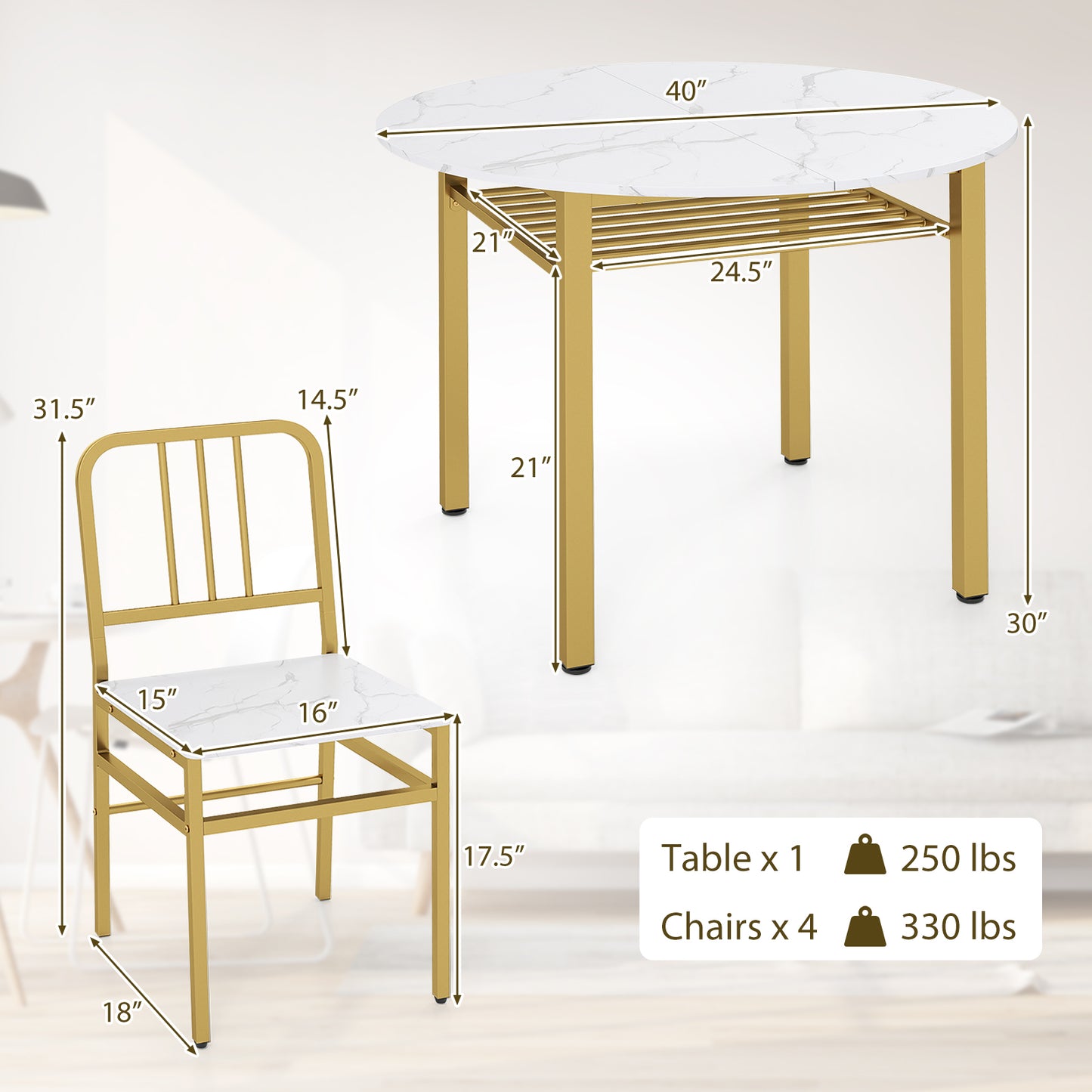 5-Piece Round Dining Table Set, With Storage Shelf, White Dining Room Sets at Gallery Canada