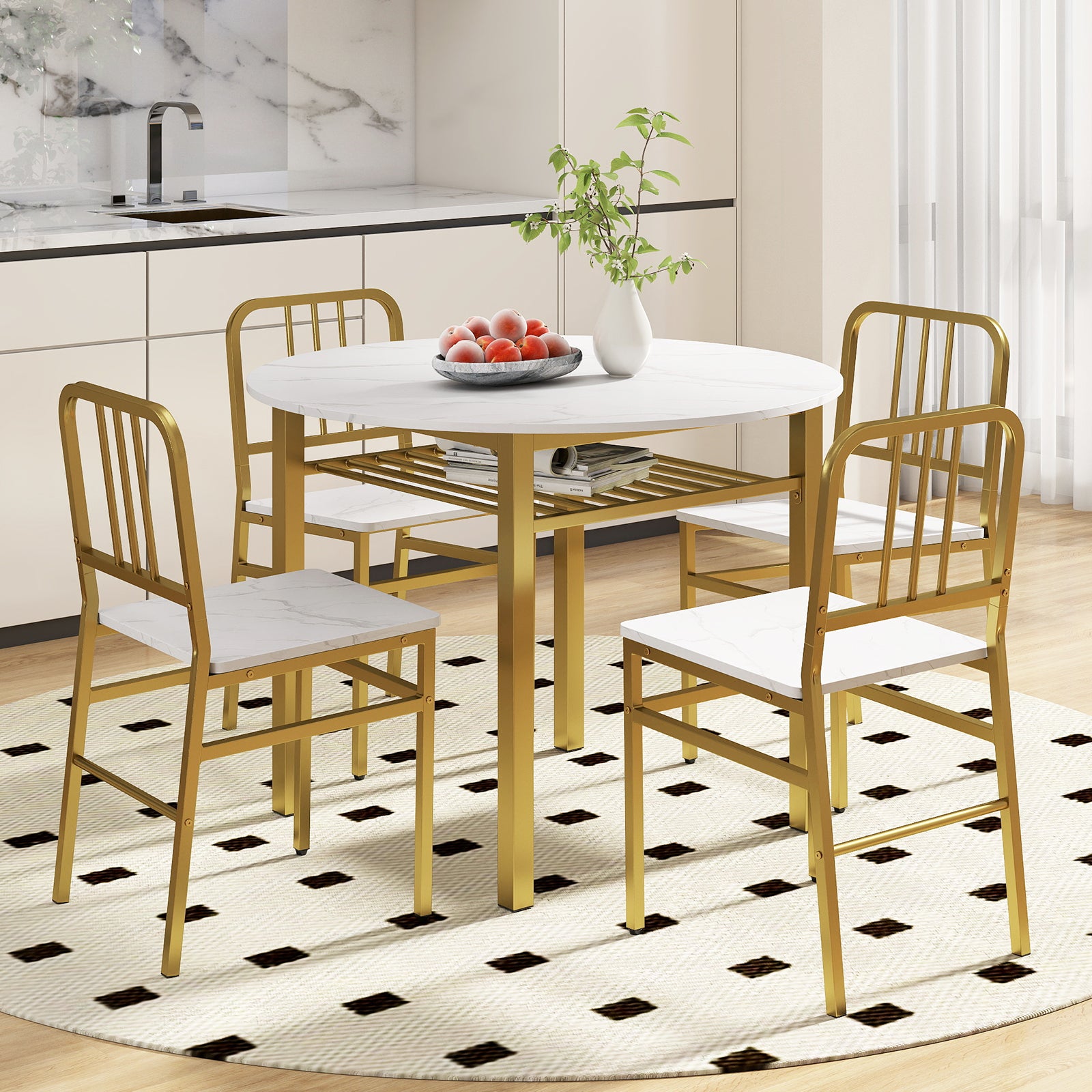 5-Piece Round Dining Table Set, With Storage Shelf, White Dining Room Sets at Gallery Canada