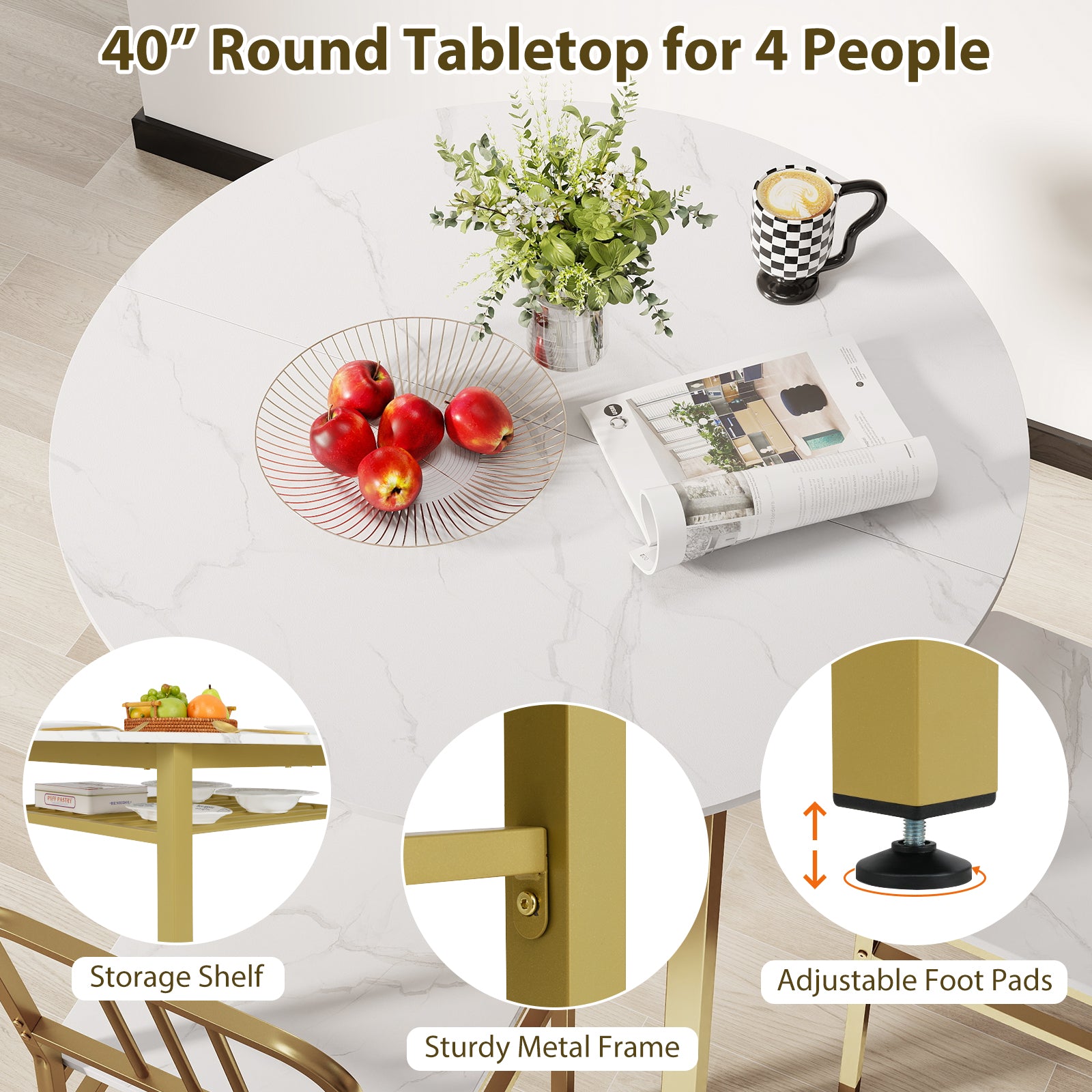 5-Piece Round Dining Table Set, With Storage Shelf, White Dining Room Sets at Gallery Canada
