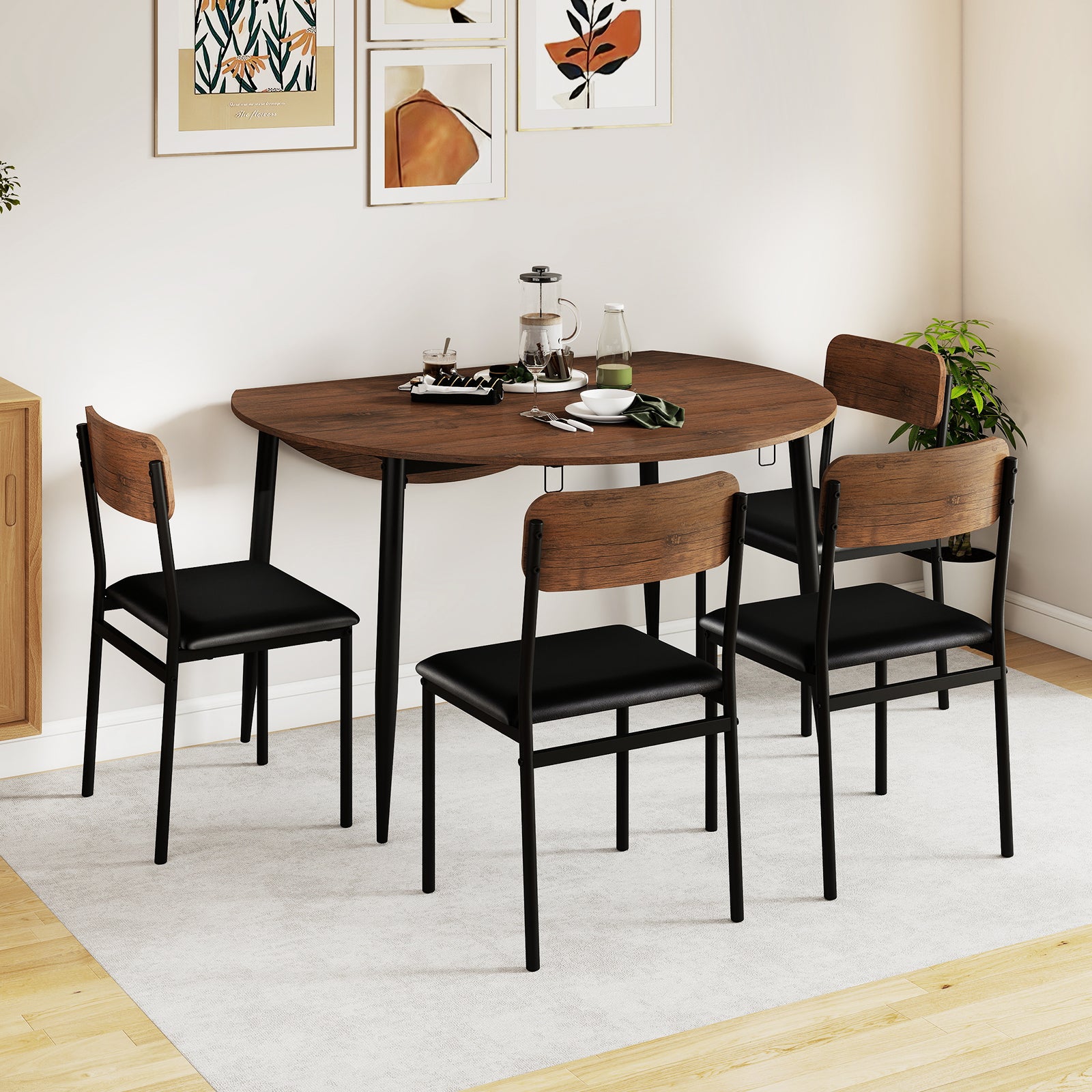 5-Piece Round Kitchen Table Set with Drop Leaf Tabletop and 4 Upholstered Dining Chairs, Brown Dining Room Sets at Gallery Canada
