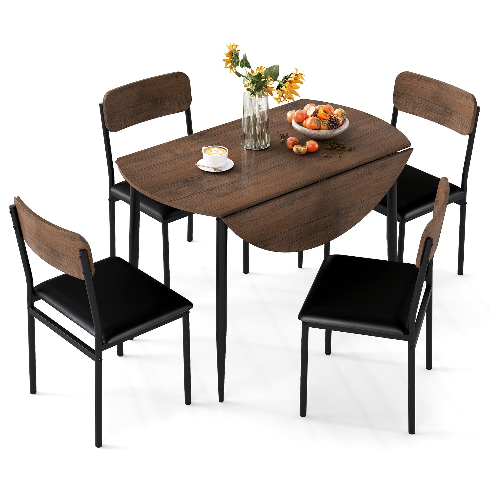 5-Piece Round Kitchen Table Set with Drop Leaf Tabletop and 4 Upholstered Dining Chairs, Brown Dining Room Sets at Gallery Canada