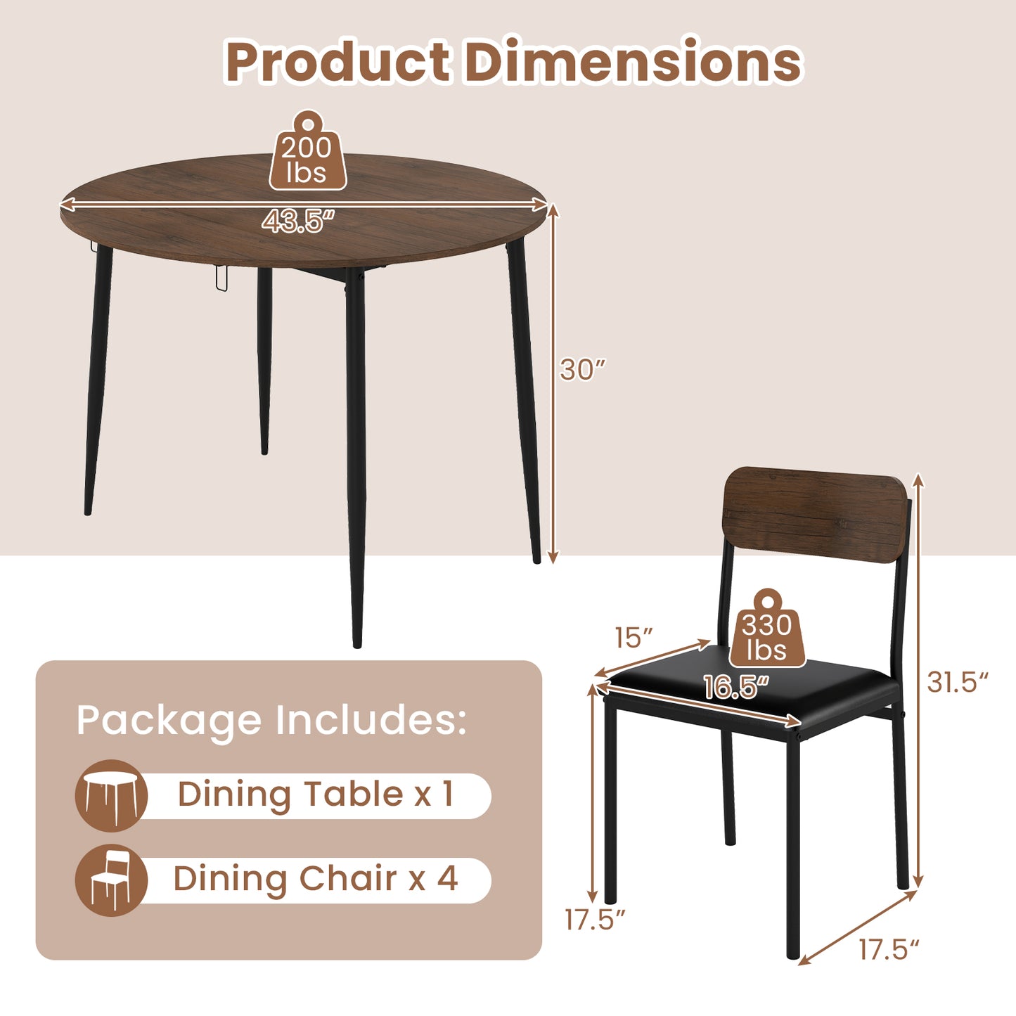 5-Piece Round Kitchen Table Set with Drop Leaf Tabletop and 4 Upholstered Dining Chairs, Brown Dining Room Sets at Gallery Canada
