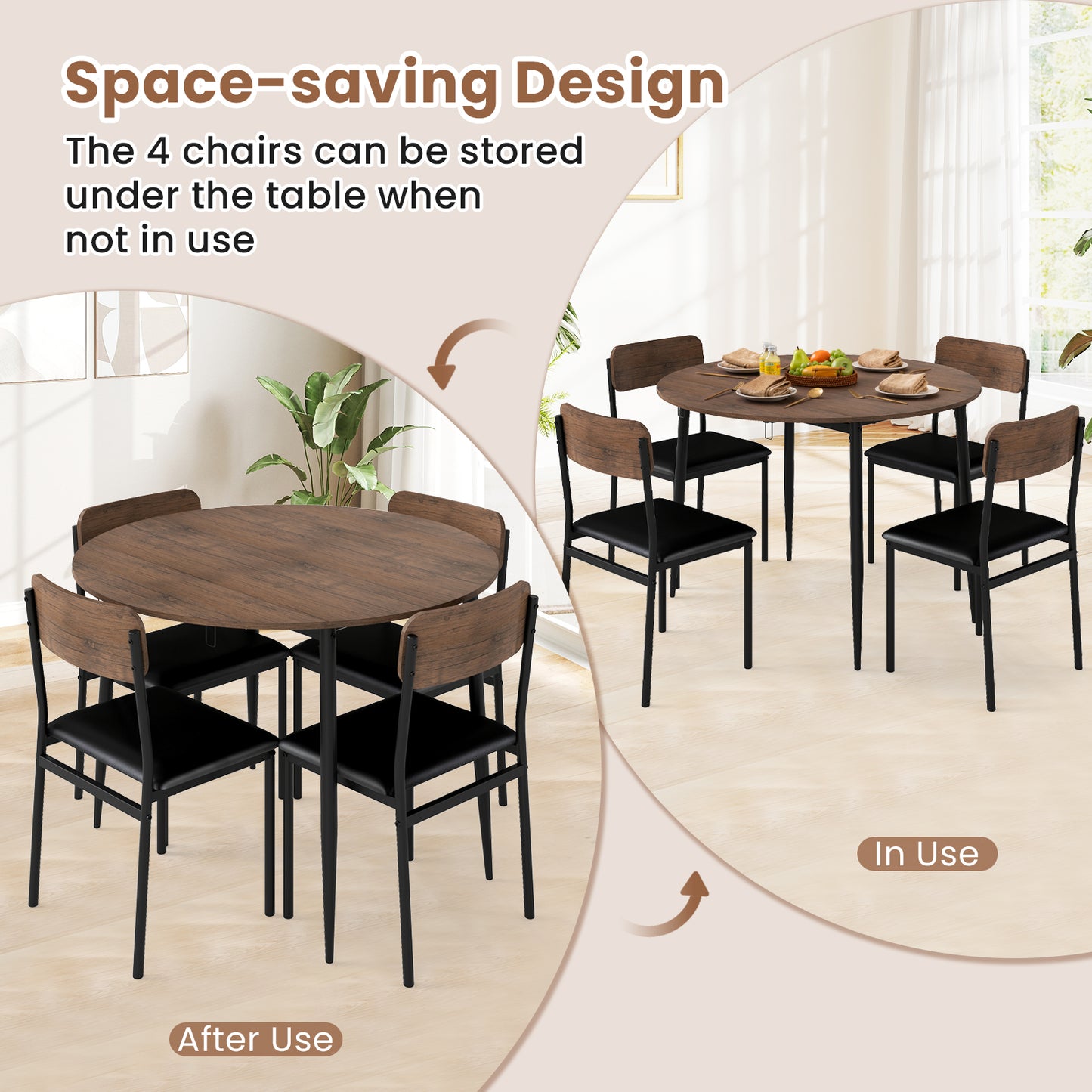 5-Piece Round Kitchen Table Set with Drop Leaf Tabletop and 4 Upholstered Dining Chairs, Brown Dining Room Sets at Gallery Canada