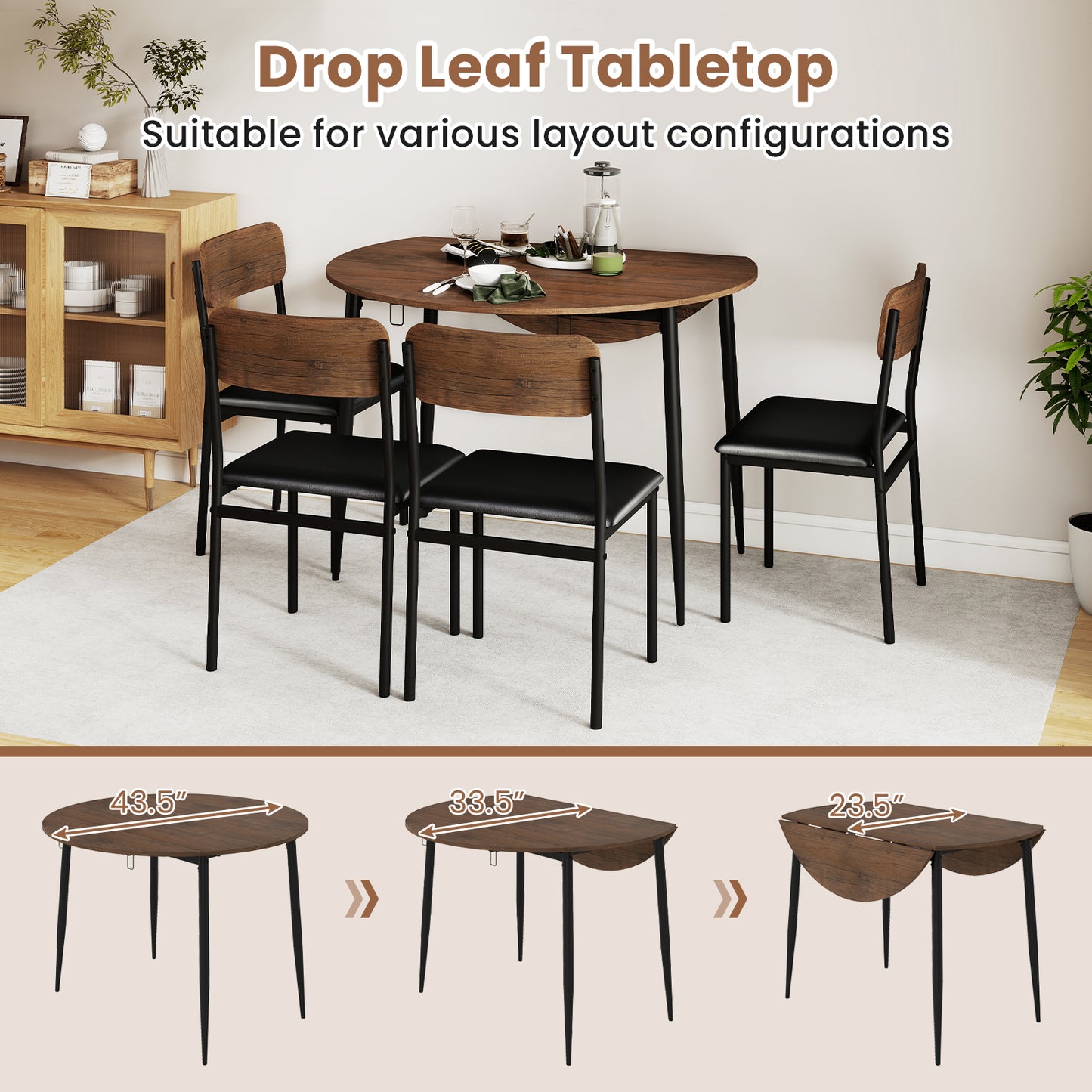 5-Piece Round Kitchen Table Set with Drop Leaf Tabletop and 4 Upholstered Dining Chairs, Brown Dining Room Sets at Gallery Canada