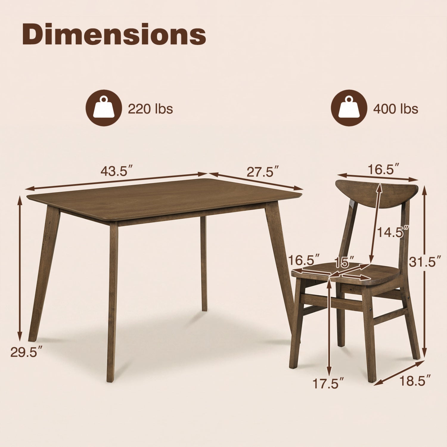 5-Piece Solid Wood Dining Table Set, Walnut Dining Room Sets at Gallery Canada