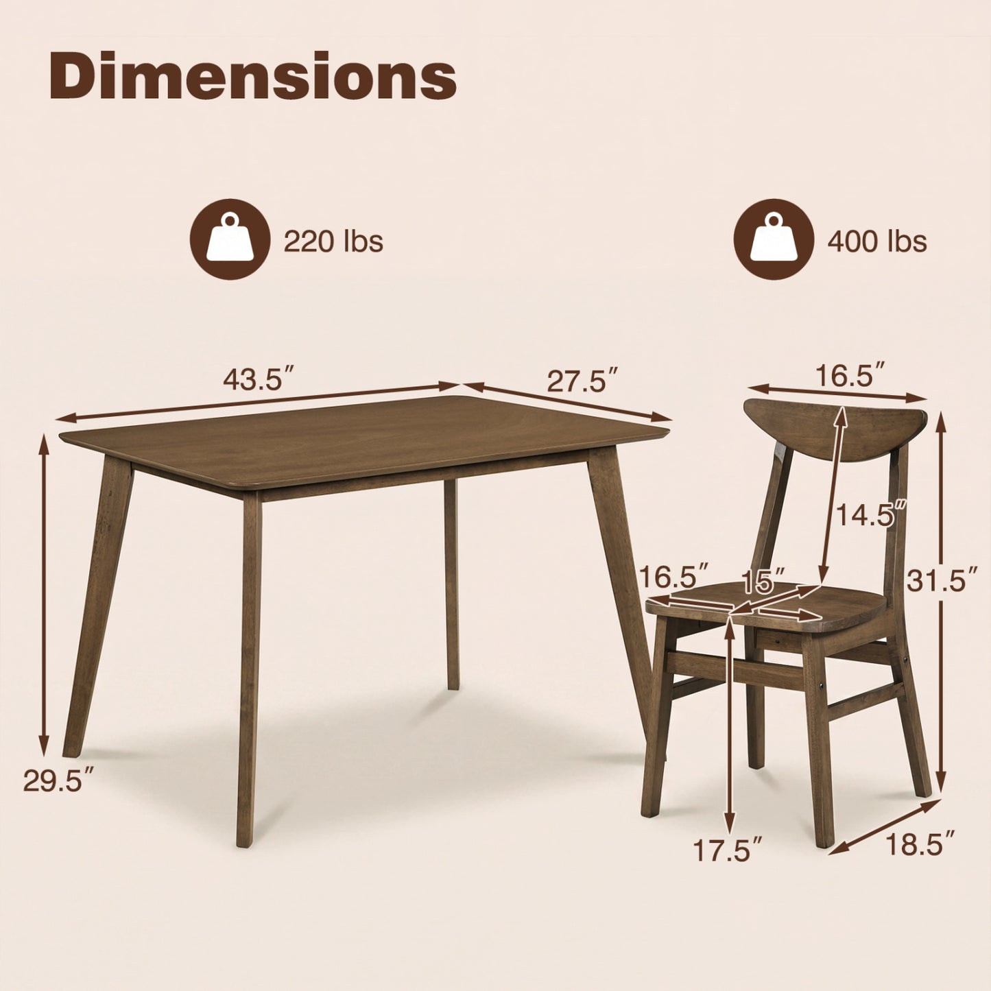 5-Piece Solid Wood Dining Table Set, Walnut Dining Room Sets at Gallery Canada