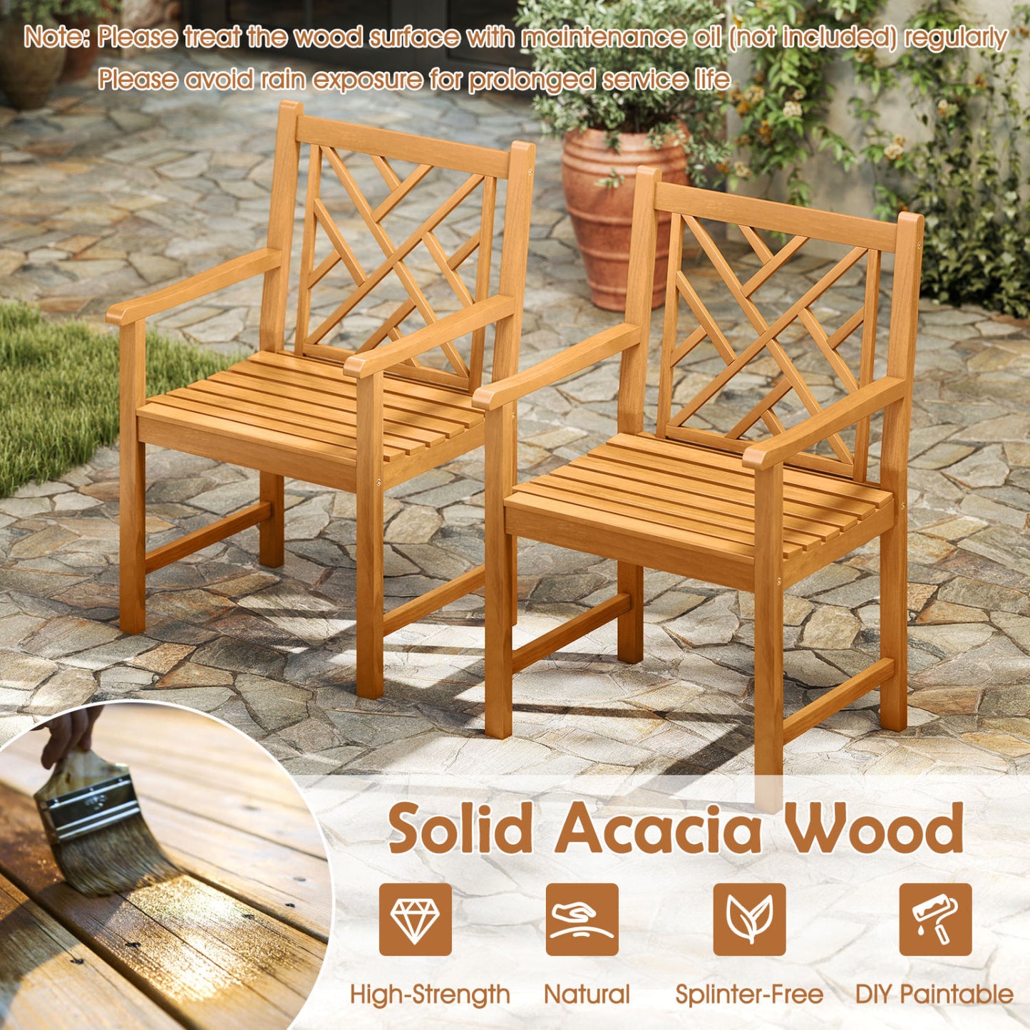 Ensemble de repas de patio carré de 5 pièces, table en acacia et fauteuils, naturel