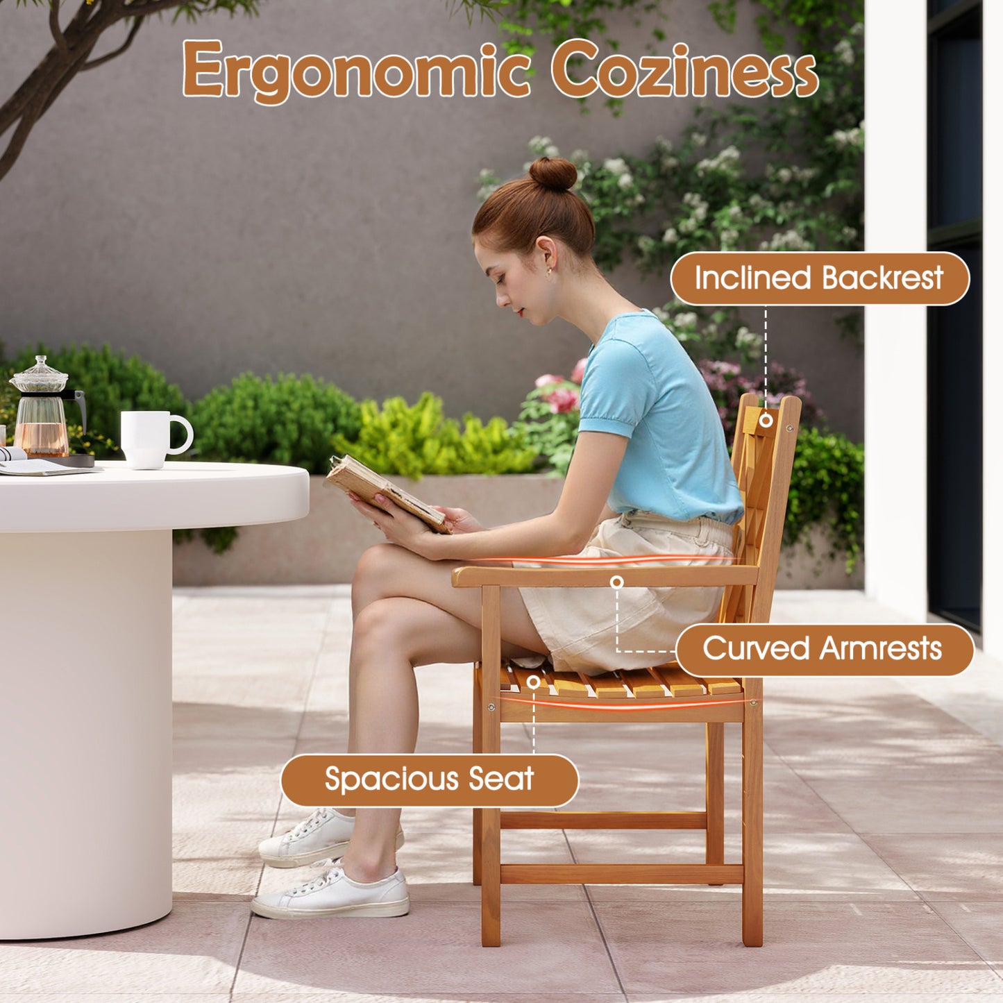 Ensemble de repas de patio carré de 5 pièces, table en acacia et fauteuils, naturel