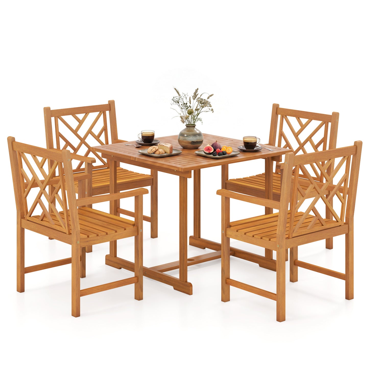 Ensemble de repas de patio carré de 5 pièces, table en acacia et fauteuils, naturel