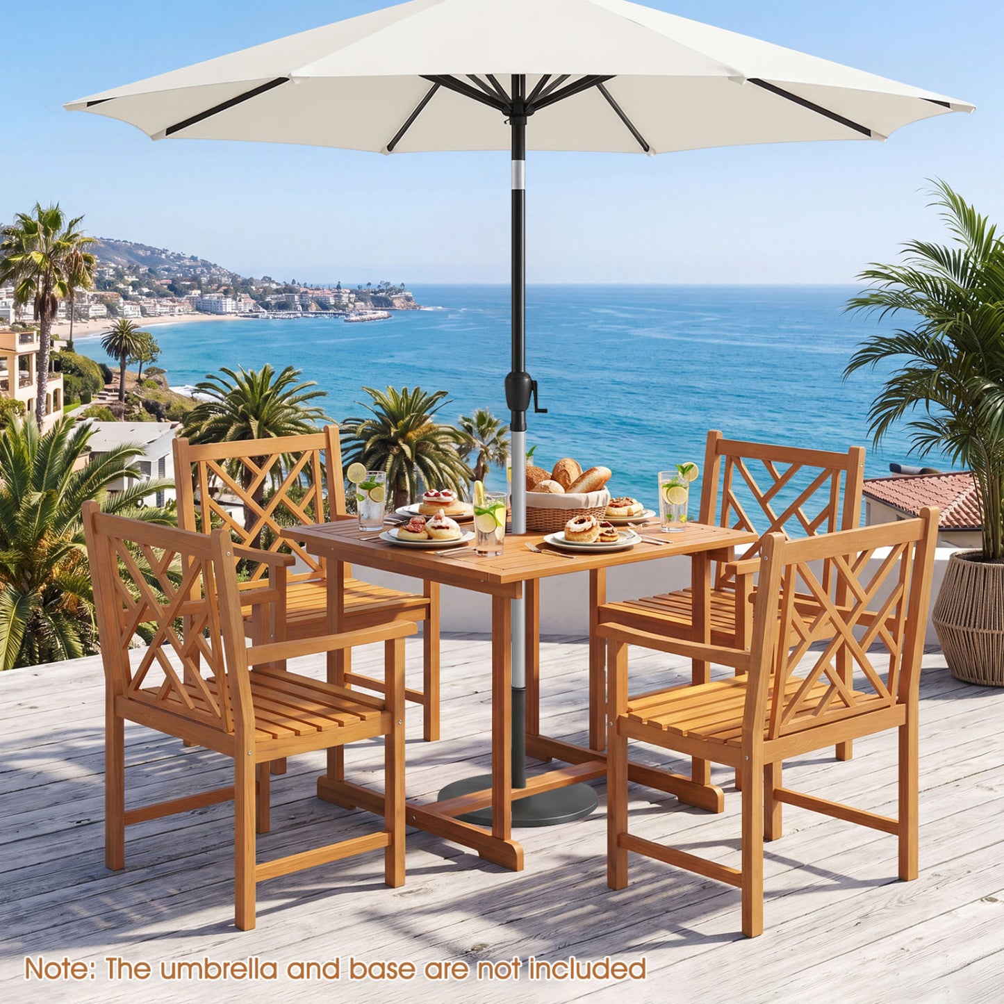 Ensemble de repas de patio carré de 5 pièces, table en acacia et fauteuils, naturel