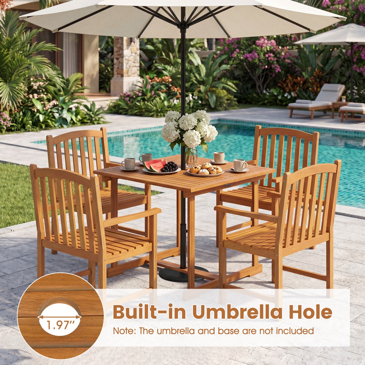 Ensemble de repas de patio carré de 5 pièces, table en acacia et fauteuils, naturel