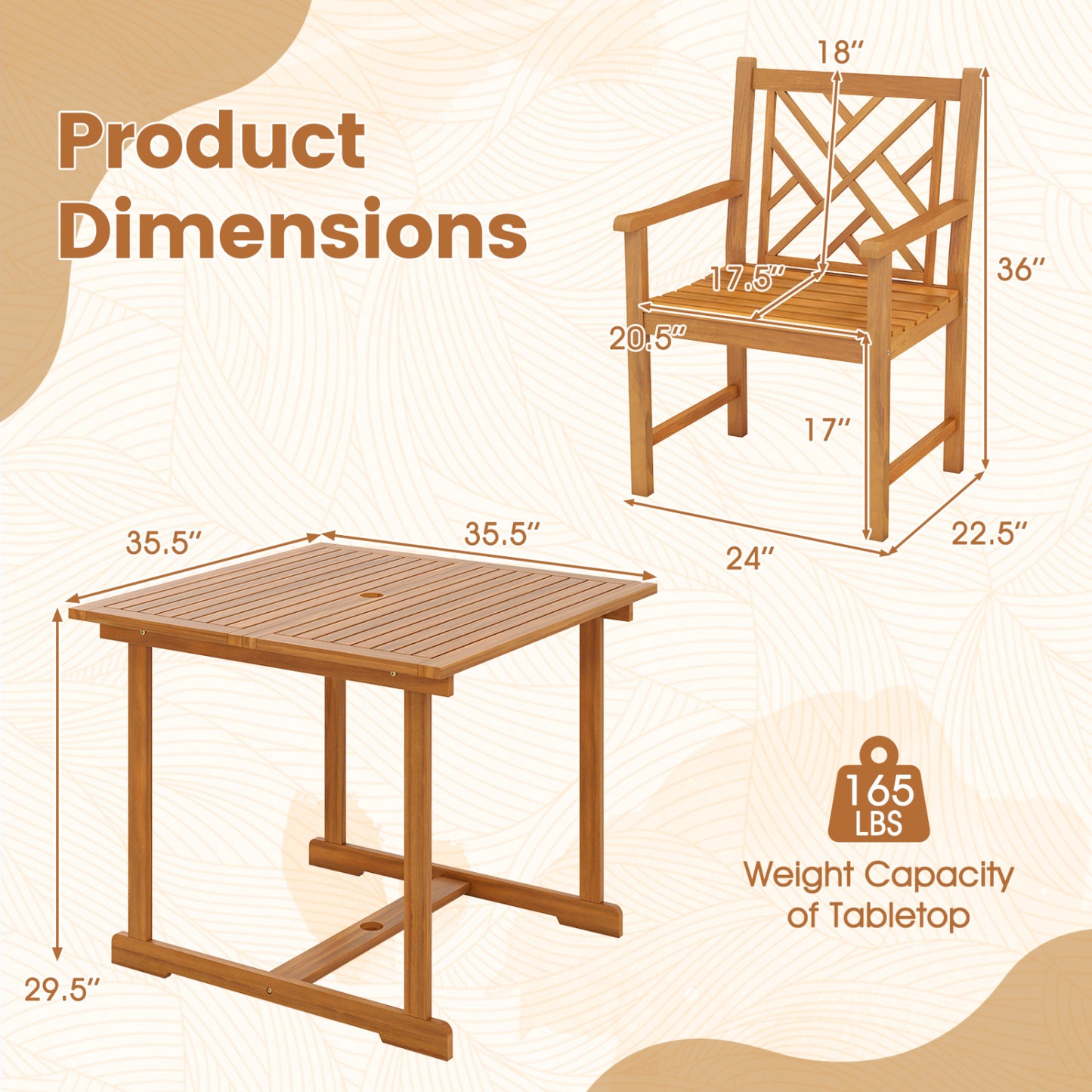 Ensemble de repas de patio carré de 5 pièces, table en acacia et fauteuils, naturel
