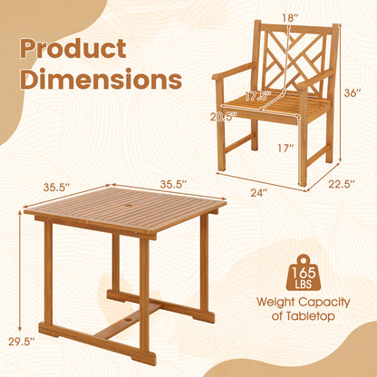 Ensemble de repas de patio carré de 5 pièces, table en acacia et fauteuils, naturel