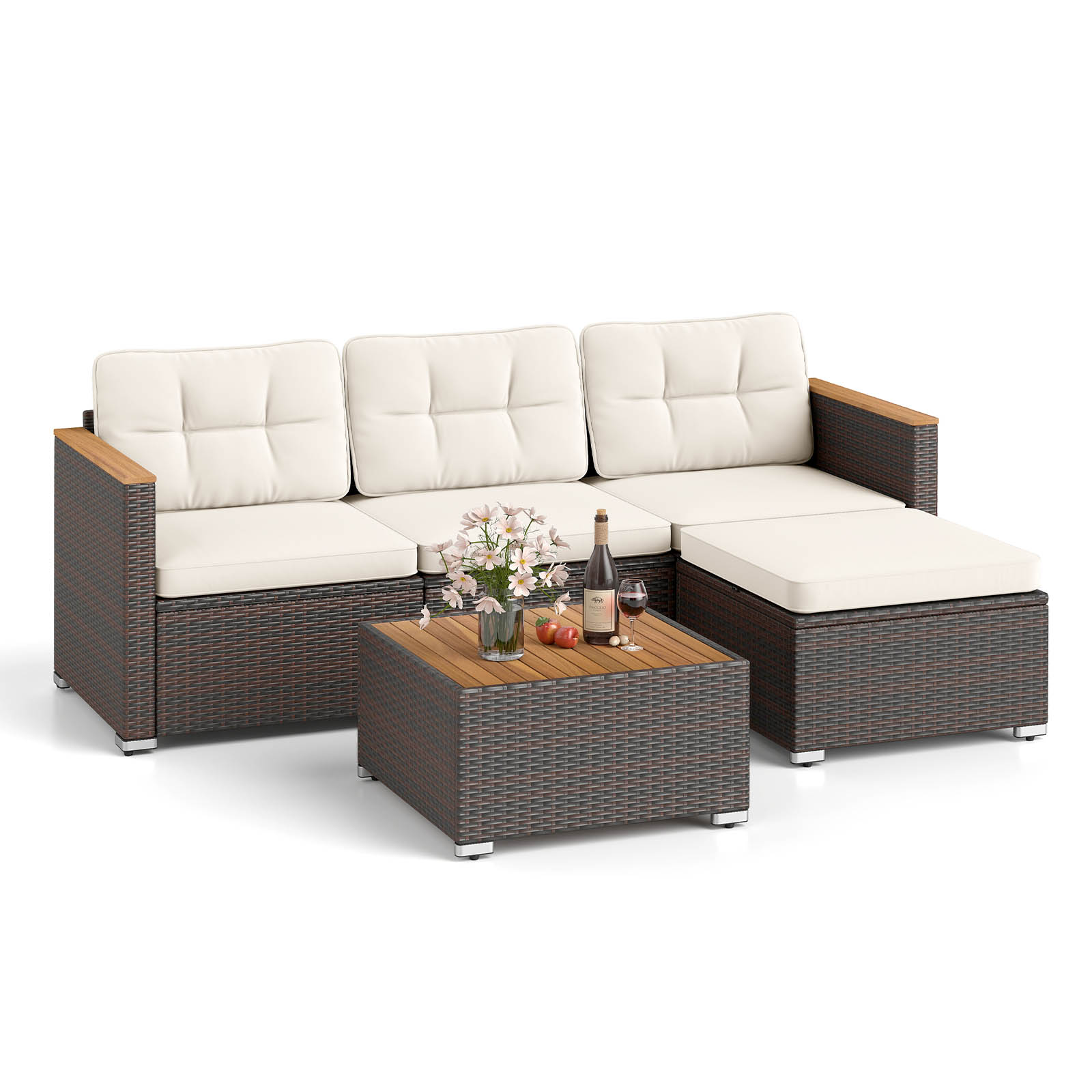 5-Piece Wicker Conversation Set Rattan Set with Cushions and Coffee Table, White Patio Conversation Sets at Gallery Canada