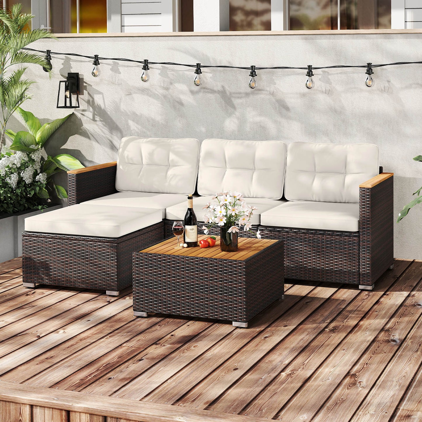5-Piece Wicker Conversation Set Rattan Set with Cushions and Coffee Table, White Patio Conversation Sets at Gallery Canada