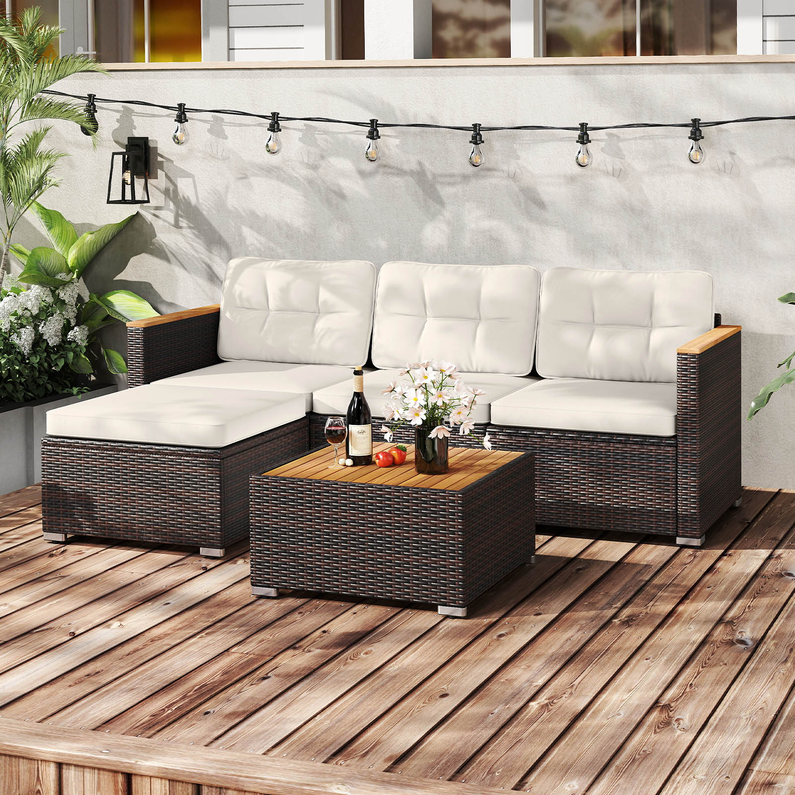 5-Piece Wicker Conversation Set Rattan Set with Cushions and Coffee Table, White Patio Conversation Sets at Gallery Canada