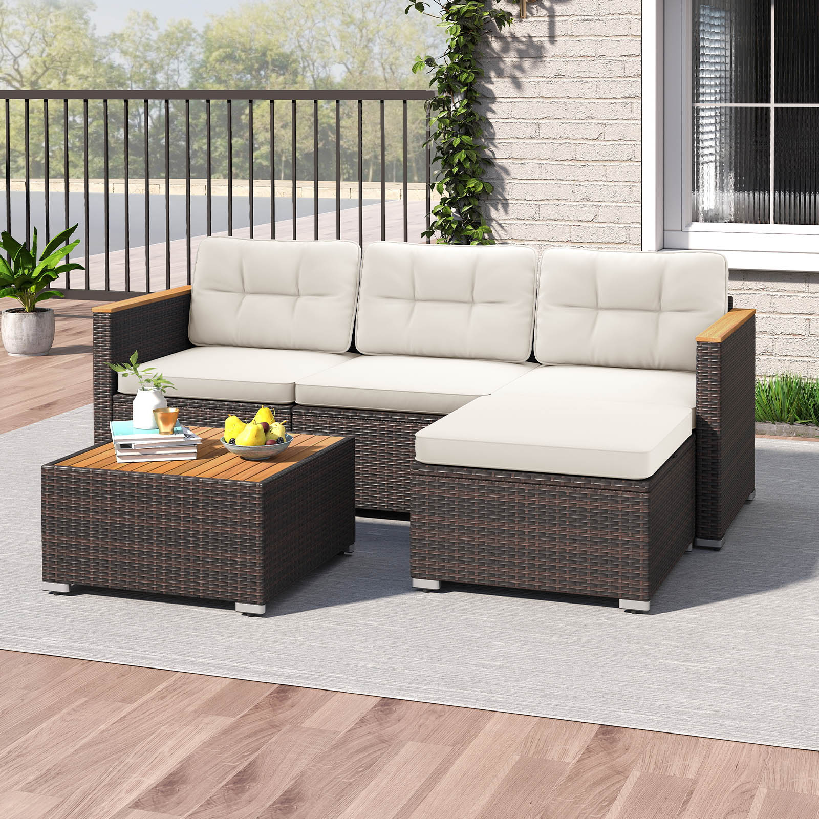 5-Piece Wicker Conversation Set Rattan Set with Cushions and Coffee Table, White Patio Conversation Sets at Gallery Canada
