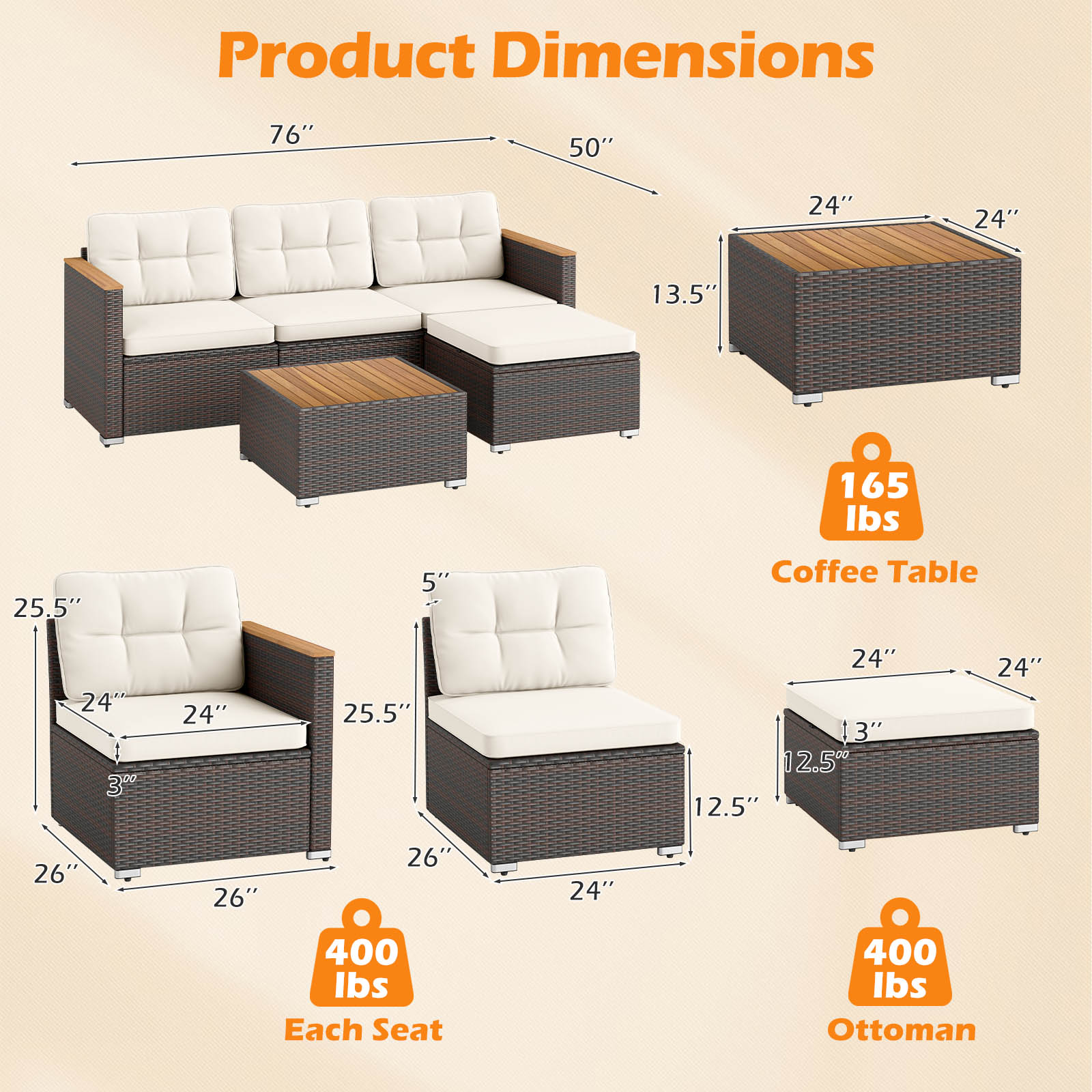 5-Piece Wicker Conversation Set Rattan Set with Cushions and Coffee Table, White Patio Conversation Sets at Gallery Canada