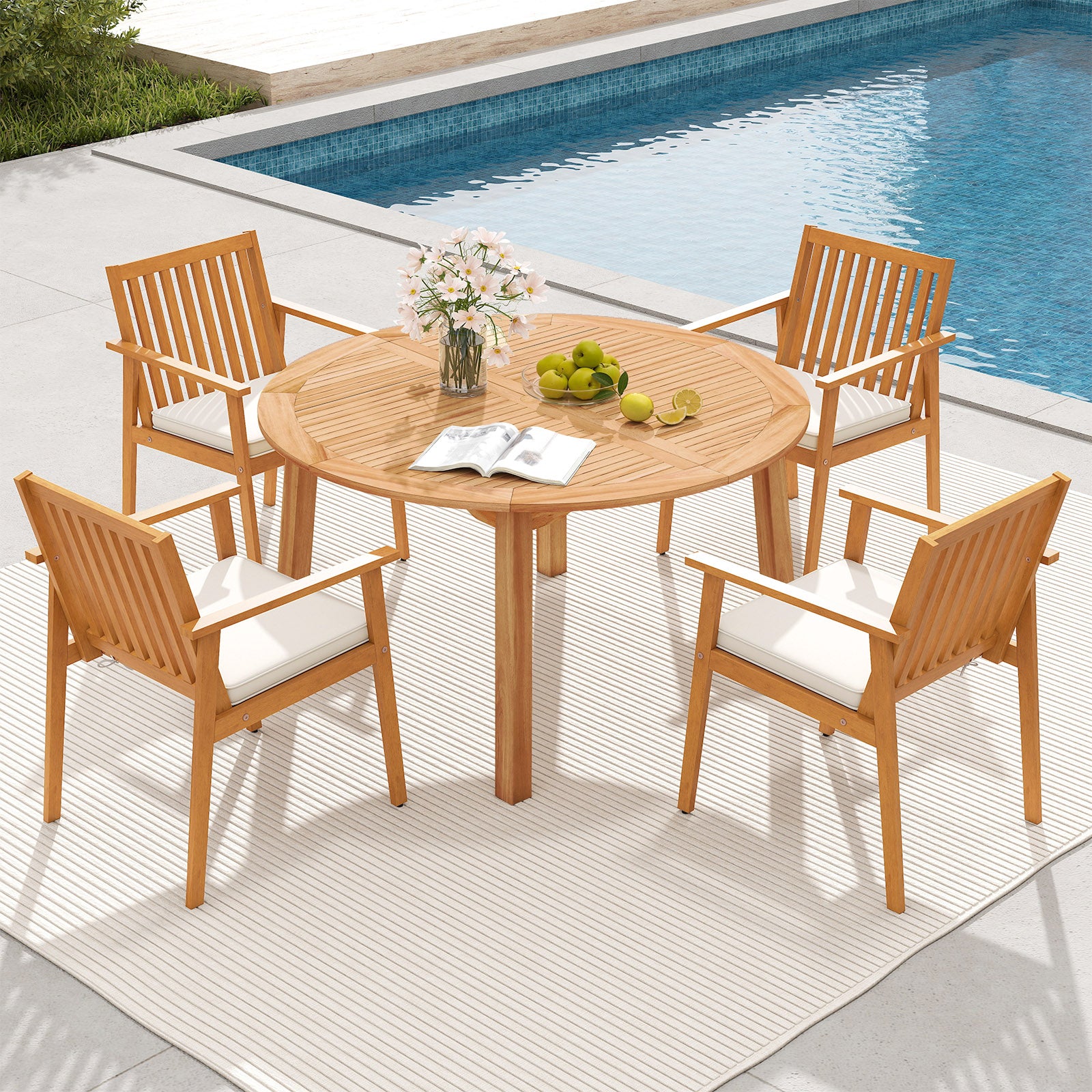 5 Pieces Acacia Wood Patio Dining Set with Umbrella Hole Patio Dining Sets at Gallery Canada