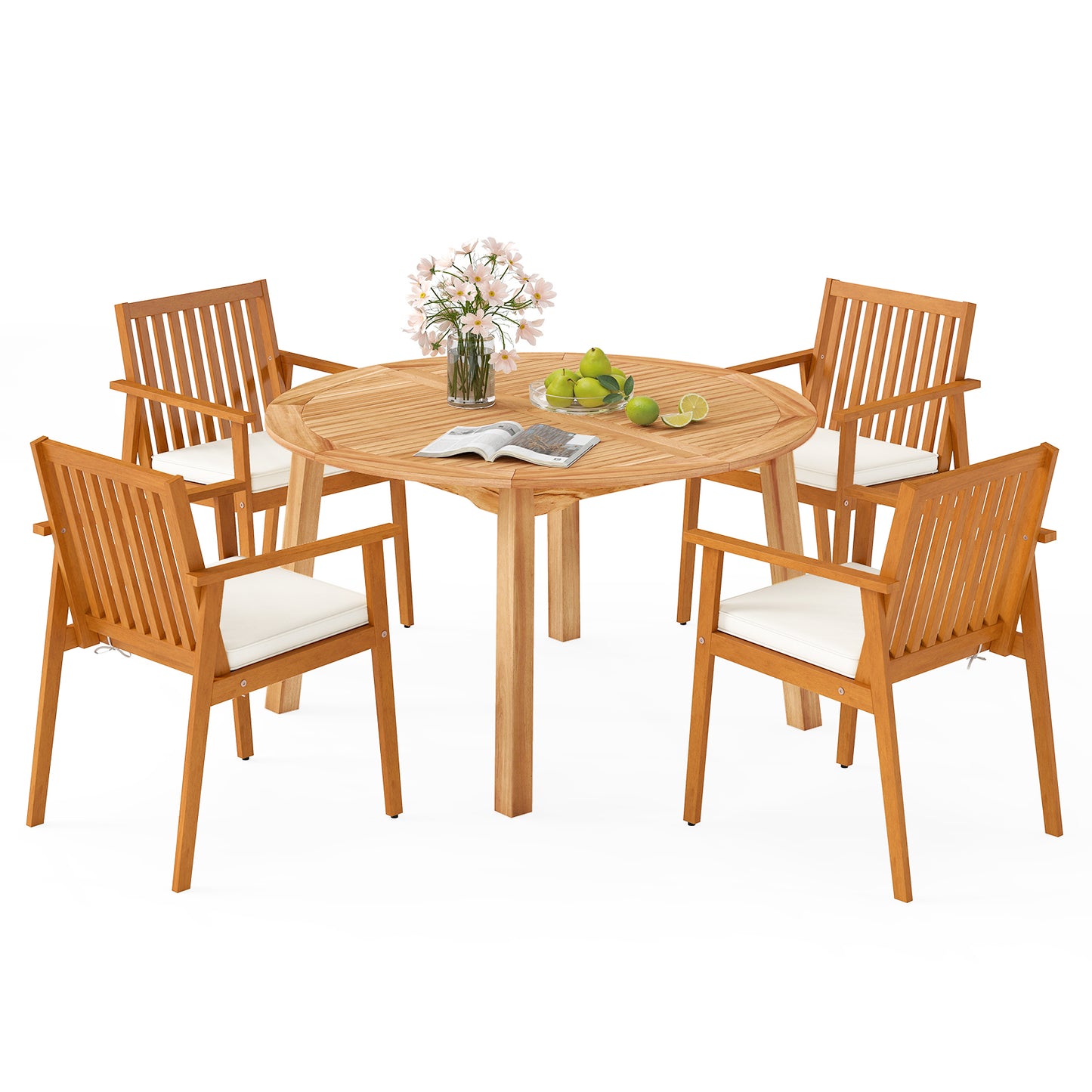 5 Pieces Acacia Wood Patio Dining Set with Umbrella Hole Patio Dining Sets Off White at Gallery Canada