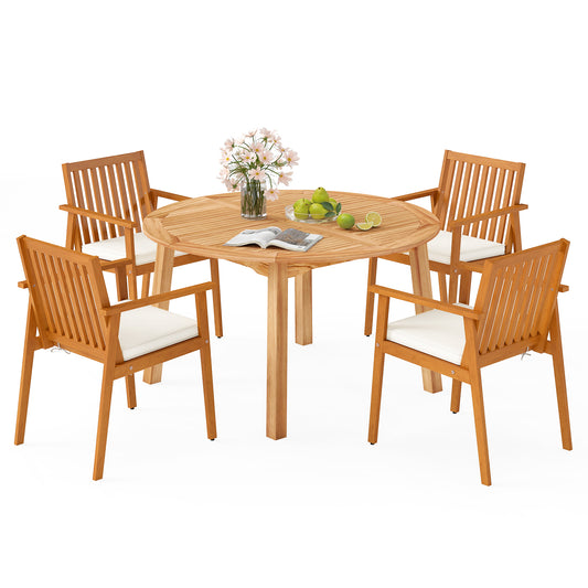 5 Pieces Acacia Wood Patio Dining Set with Umbrella Hole Patio Dining Sets Off White at Gallery Canada