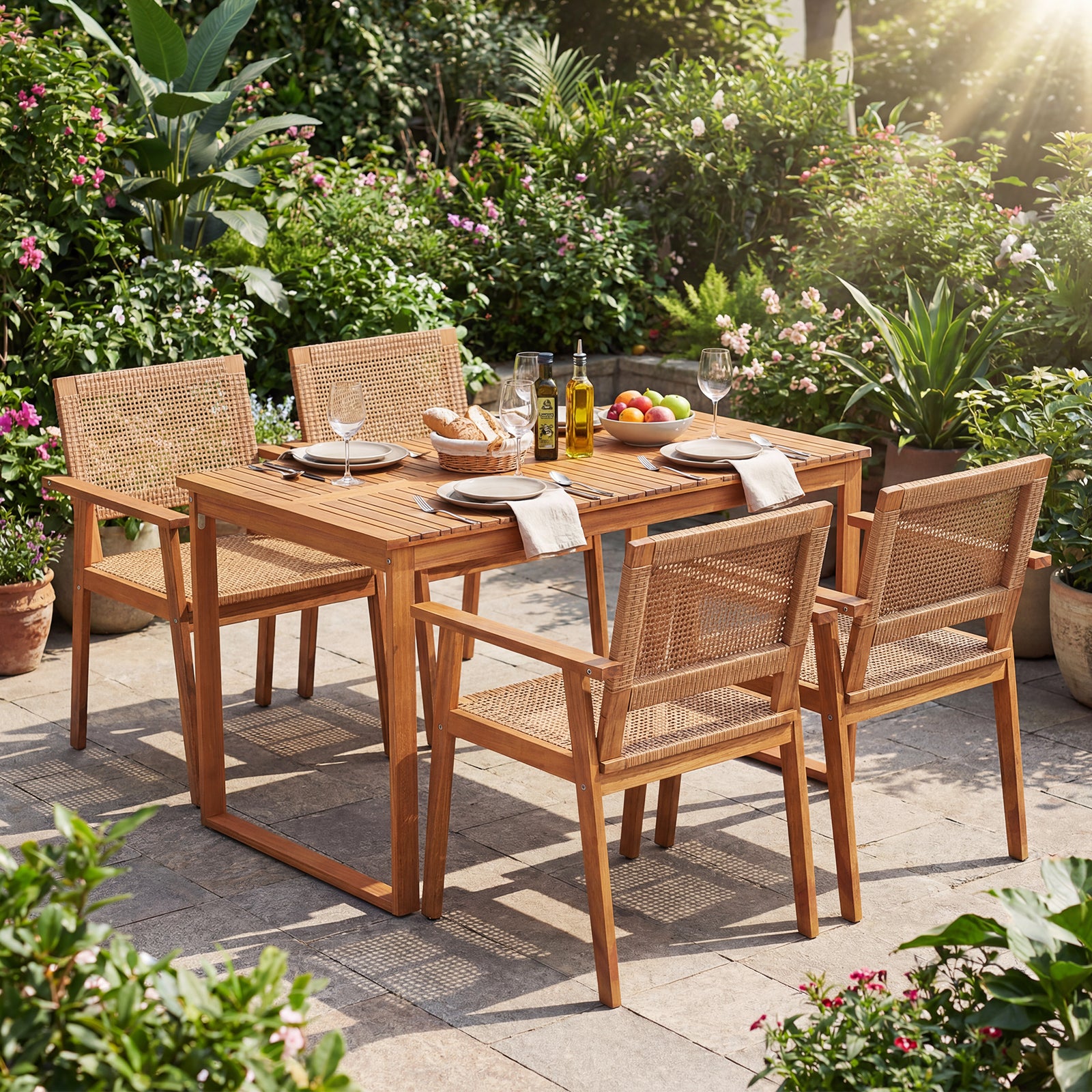 Acacia Wood Dining Set, Outdoor Table, Rattan Chairs, 4 Person Patio Dining Sets at Gallery Canada