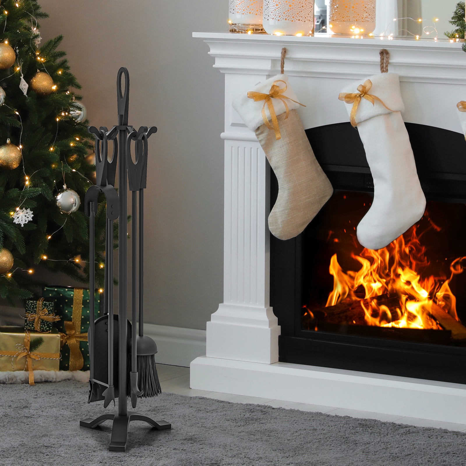 5 Pieces Fireplace Tool Set Fireplace Accessories with Poker, Black Fireplace Tools at Gallery Canada