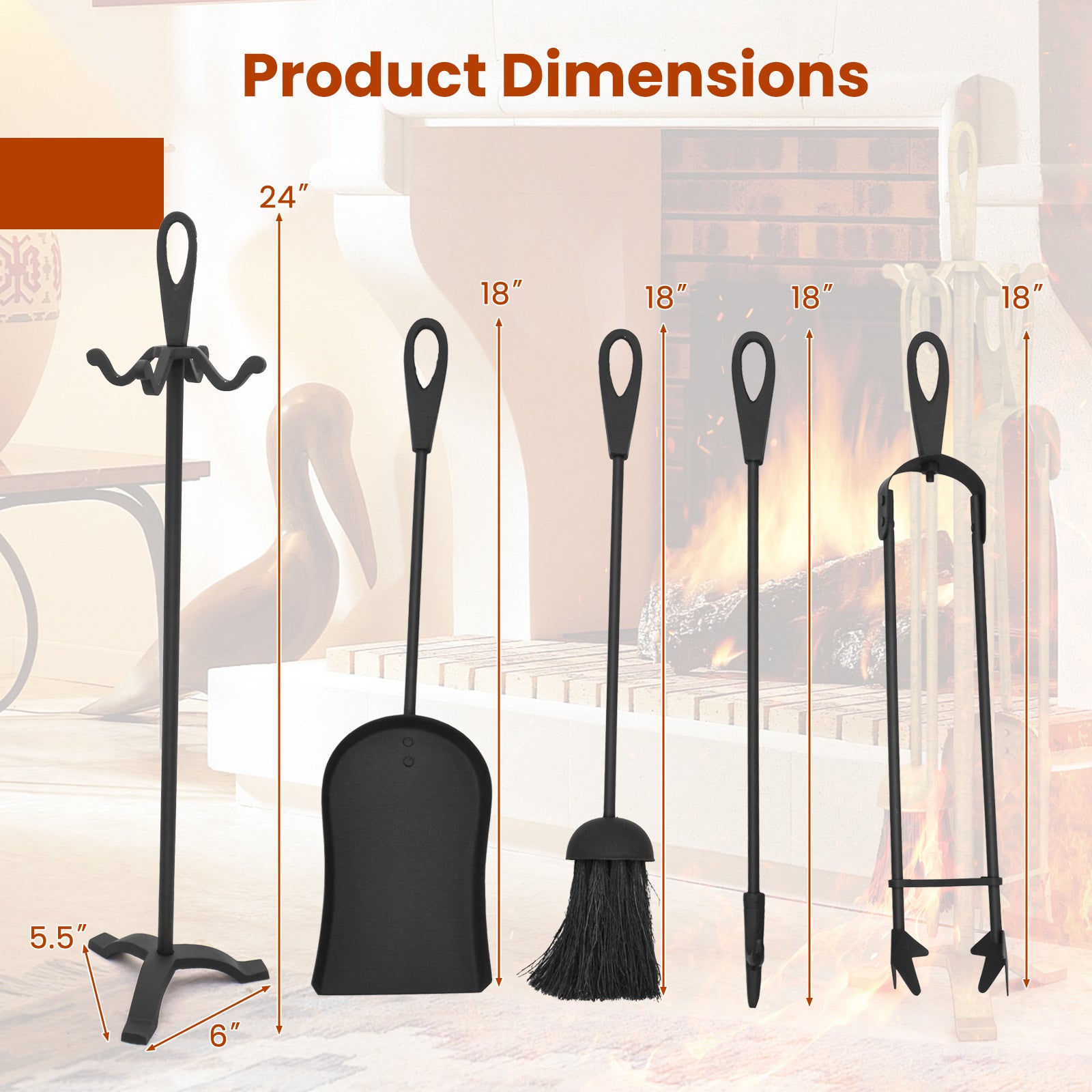 5 Pieces Fireplace Tool Set Fireplace Accessories with Poker, Black Fireplace Tools at Gallery Canada