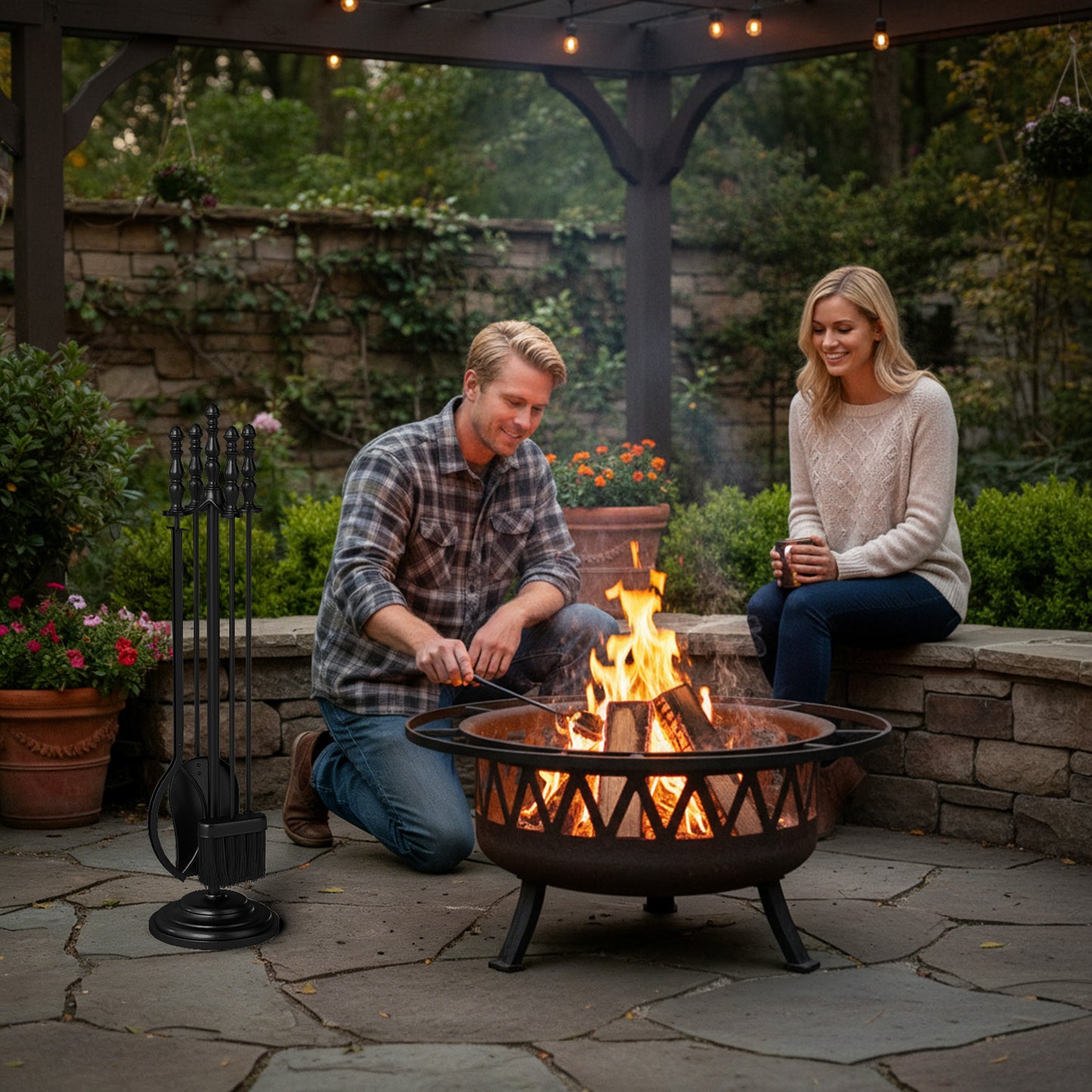 5-Pieces Fireplace Tool Set with Poker Tongs Brush Shovel and Round Stand