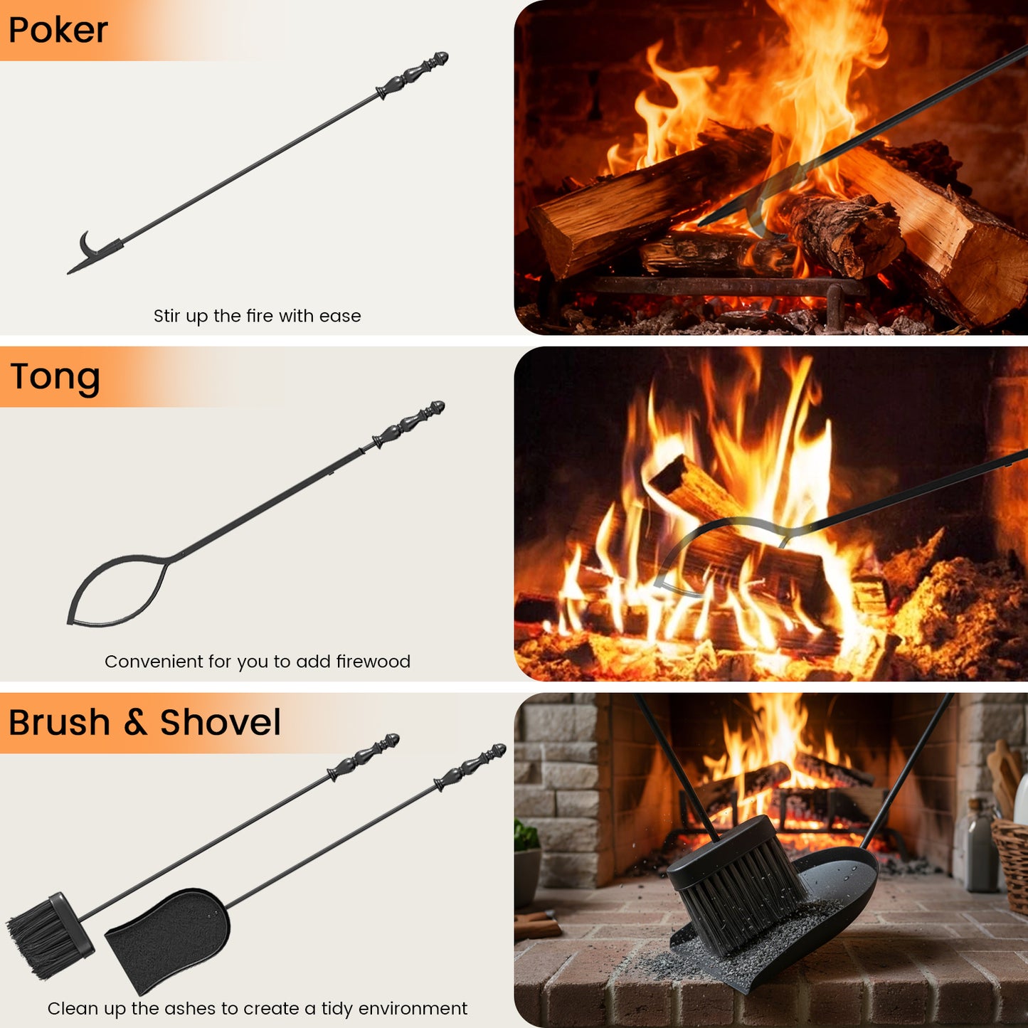 5-Pieces Fireplace Tool Set with Poker Tongs Brush Shovel and Round Stand