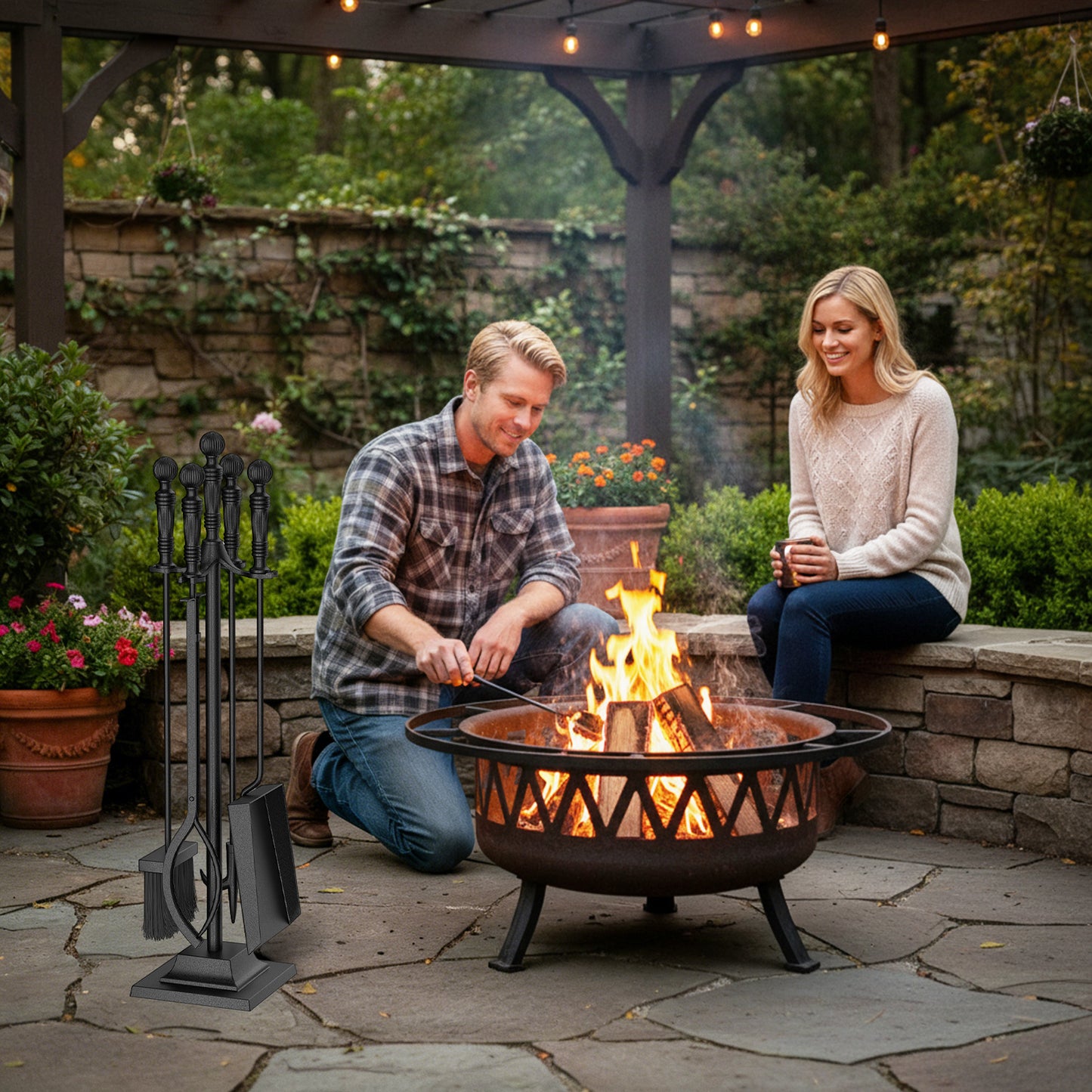 5-Pieces Fireplace Tool Set Indoor Outdoor Fire Place Set Tools with Aluminum Handles