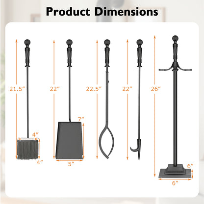 5-Pieces Fireplace Tool Set Indoor Outdoor Fire Place Set Tools with Aluminum Handles