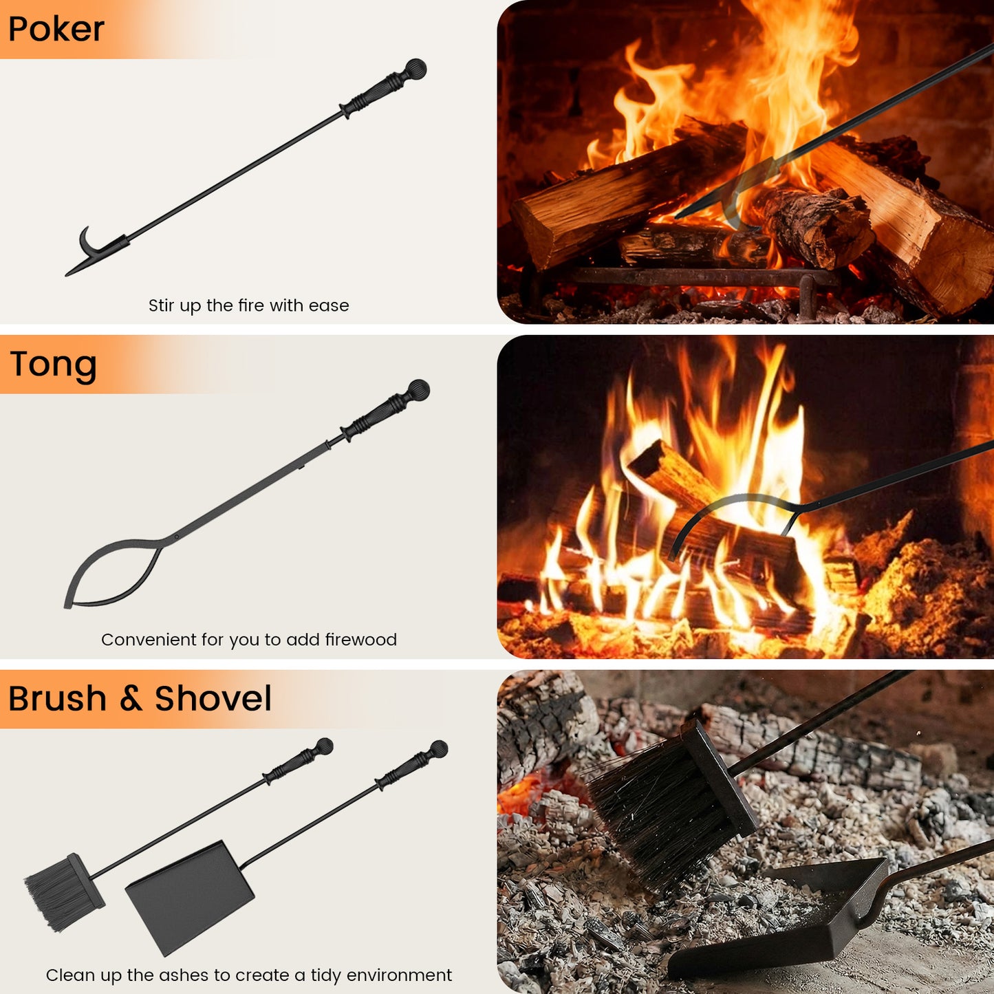 5-Pieces Fireplace Tool Set Indoor Outdoor Fire Place Set Tools with Aluminum Handles