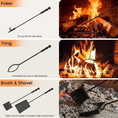 5-Pieces Fireplace Tool Set Indoor Outdoor Fire Place Set Tools with Aluminum Handles