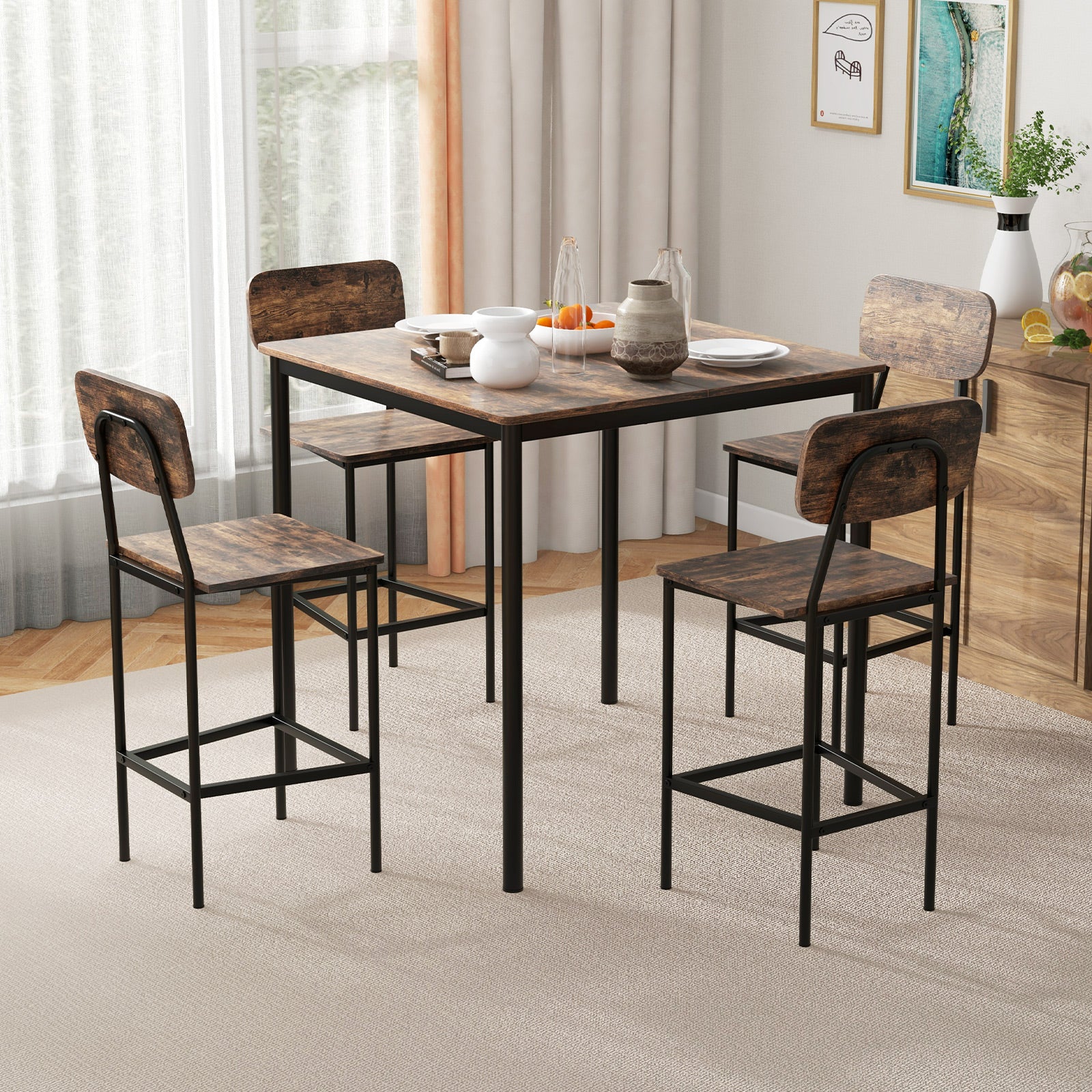 Industrial Dining Table Set, 5 Pieces, Counter Height Table, 4 Bar Stools Dining Room Sets at Gallery Canada