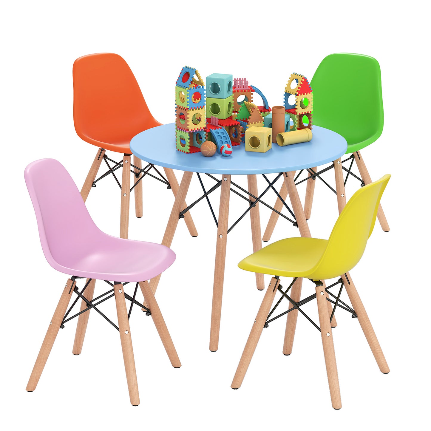 5 Piece Kids Set, 4 Armless Chairs, Colorful, Multicolor