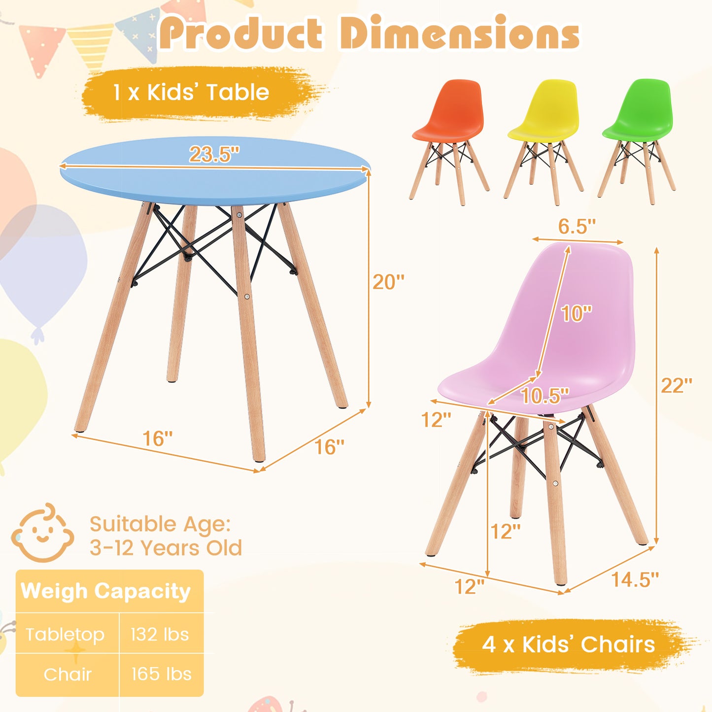 5 Piece Kids Set, 4 Armless Chairs, Colorful, Multicolor