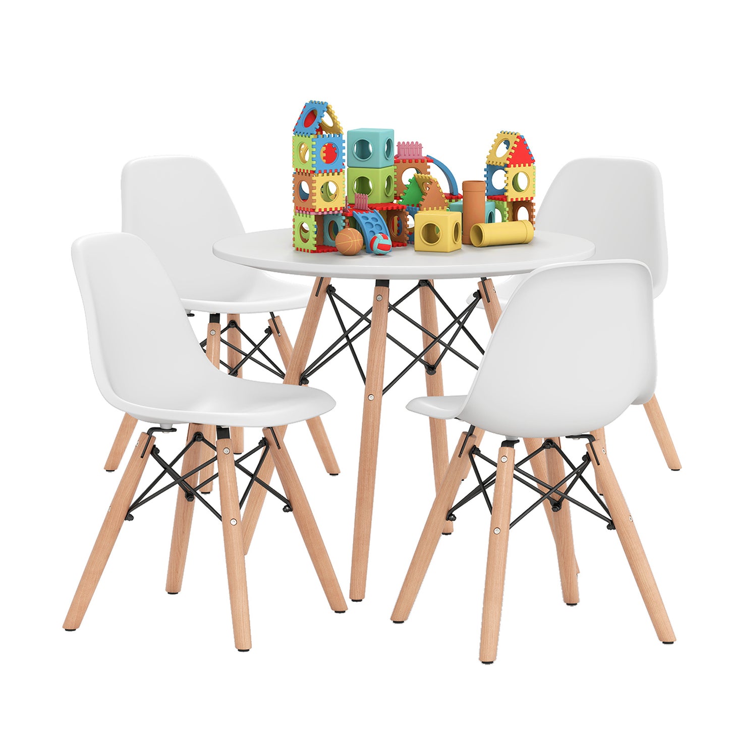 5-Piece Kids Mid-Century Modern Table Chairs Set, White
